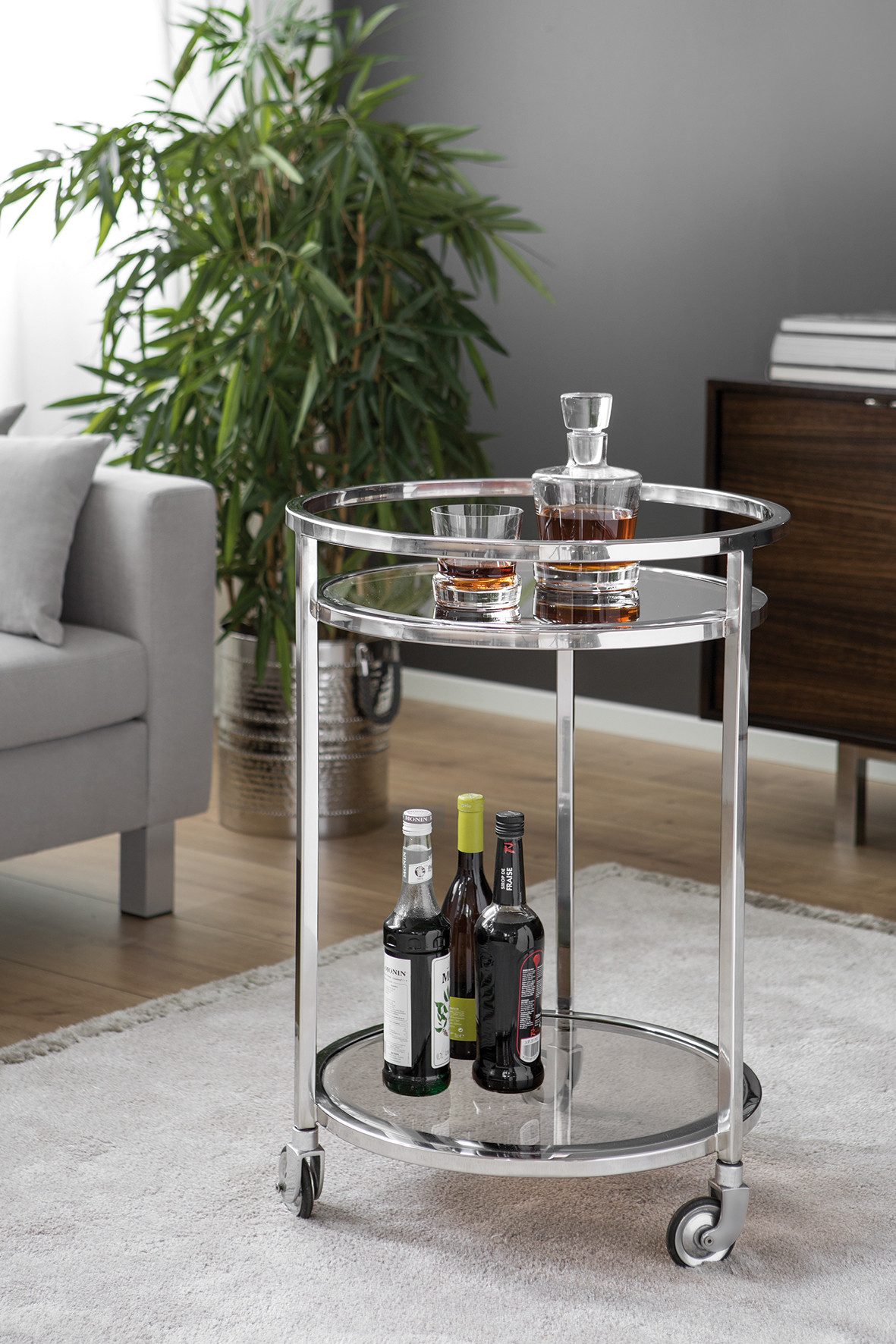 Fink Servierwagen SIENA Barwagen H. 80cm x Ø 55 cm - klar/silber - Edelstahl/Glas, (Wagen zum Servieren - Barwagen), Multifunktionaler Servierwagen: Küchenwagen, Rollwagen & Bartisch