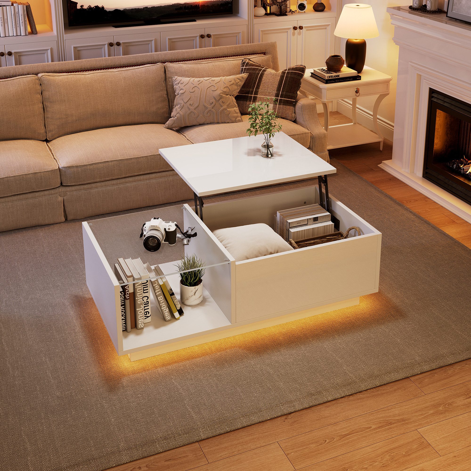 Merax Couchtisch höhenverstellbar Sofatisch mit Hebefunktion und Stauraum (1-St., 100x50x (33-46.5) cm), Beistelltisch Wohnzimmertisch mit Hochglanz-Oberfläche und LED