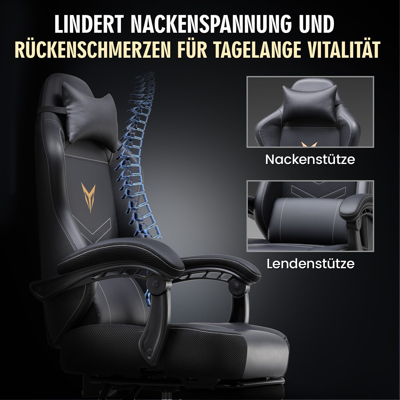 GTPLAYER Gaming-Stuhl ergonomischer Bürostuhl Gamer Sessel 150KG, Mit Fußstütze und Verbindungsrmlehne höhenverstellbar Kopfstütze – Bild 4 von 5