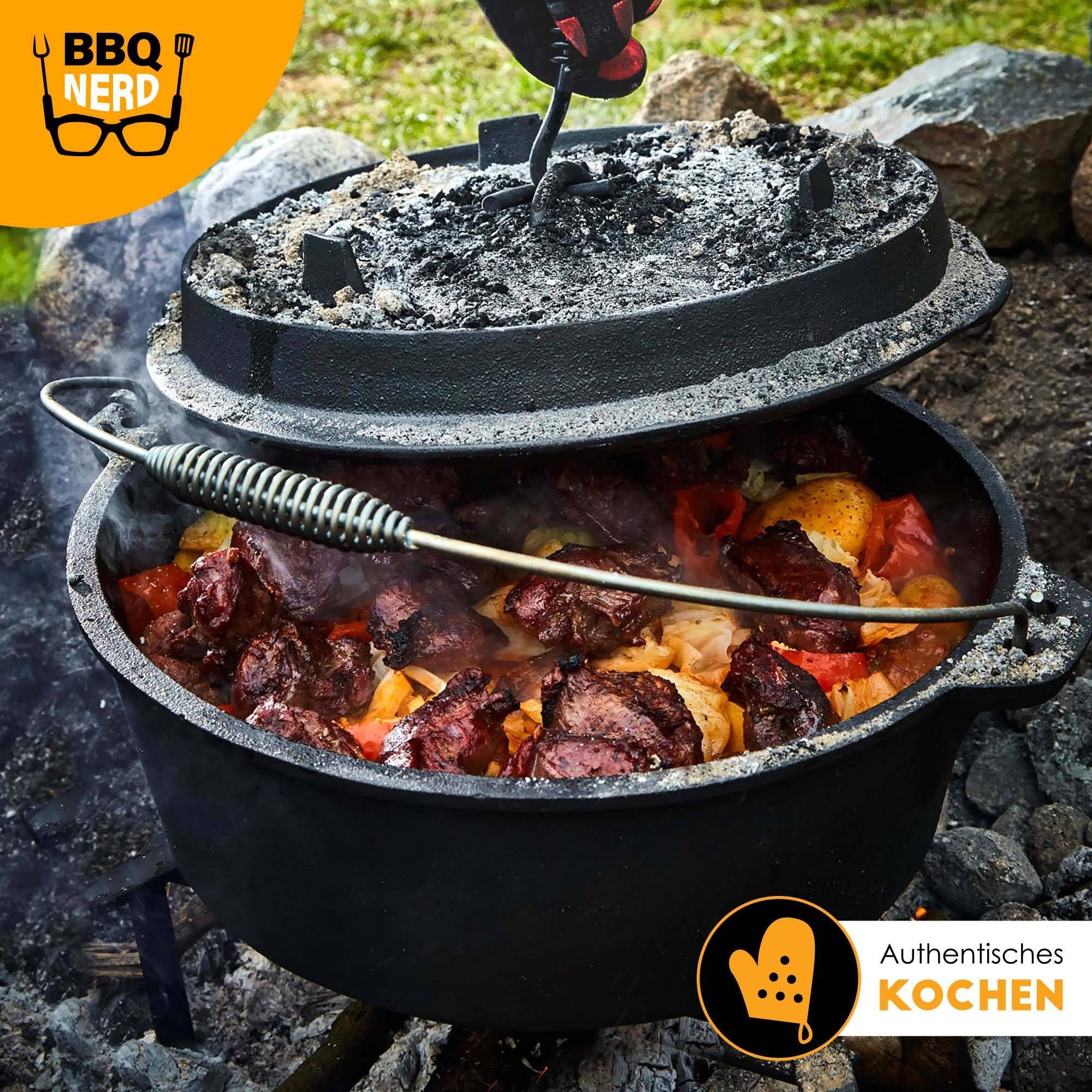 4,2L / Grill / Ständer, Gusseisen 13,6L), mit - & (Dutch Oven Deckelheber , Deckel Feuertopf Professional Feuerfester BBQ Kochtopf, Camping Nerd mit eingebrannt Grilltopf 9,0L Bräter bereits preseasoned, 7,3L inkl.