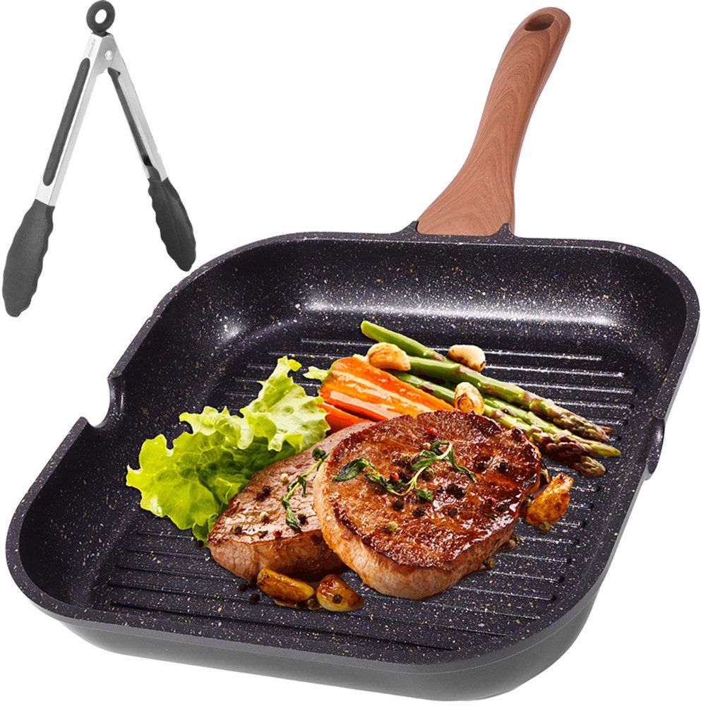 BlingBin Grillpfanne Antihaft Steakpfanne mit Griff, Quadratische Pfanne für Induktion, Aluminiumlegierung (1er Set, 1-tlg., 48*29,5*4,5cm), Omlettenpfanne Pfanne mit Lebensmittelclips für Alle Herdarten