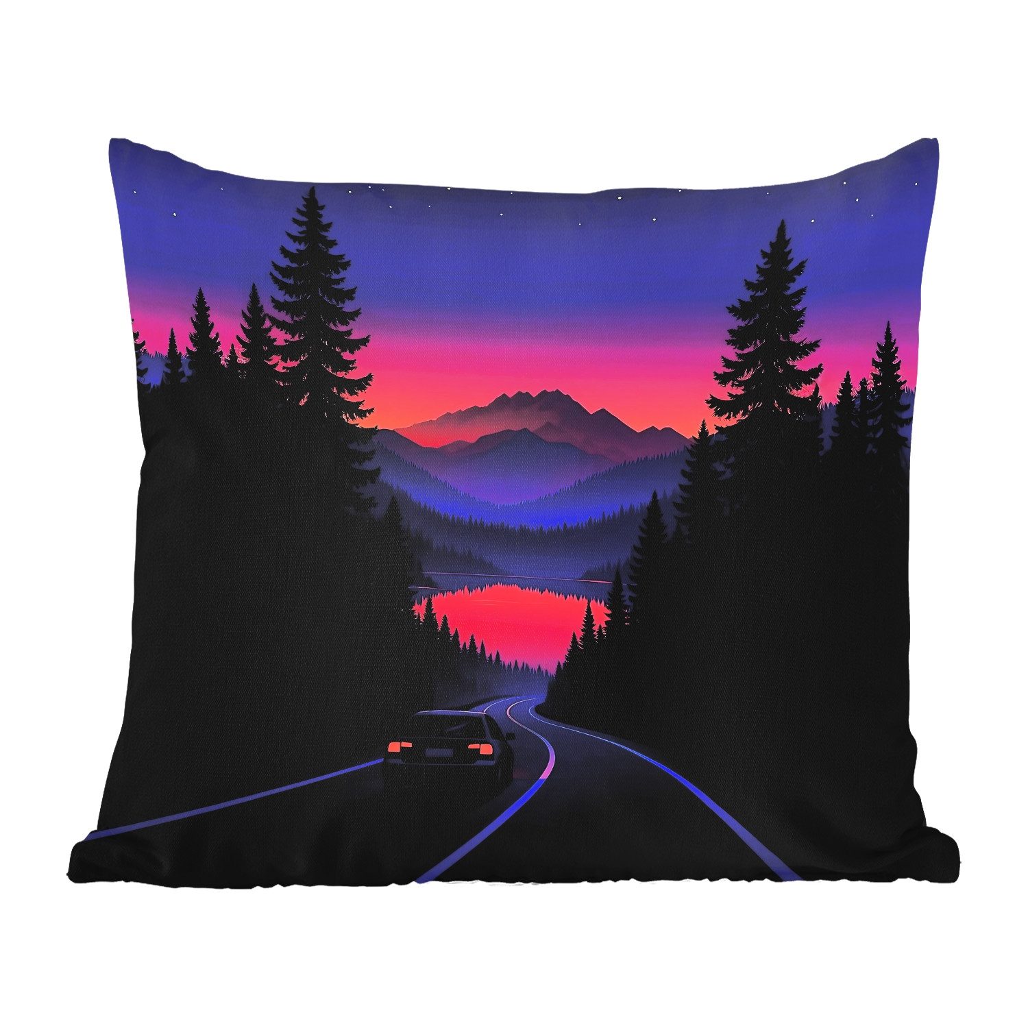MuchoWow Dekokissen Auto - Dunkle Kiefern - Sonnenuntergang, Kissenbezüge, Kissenhülle, Kissen, Outdoor, 40x40 cm