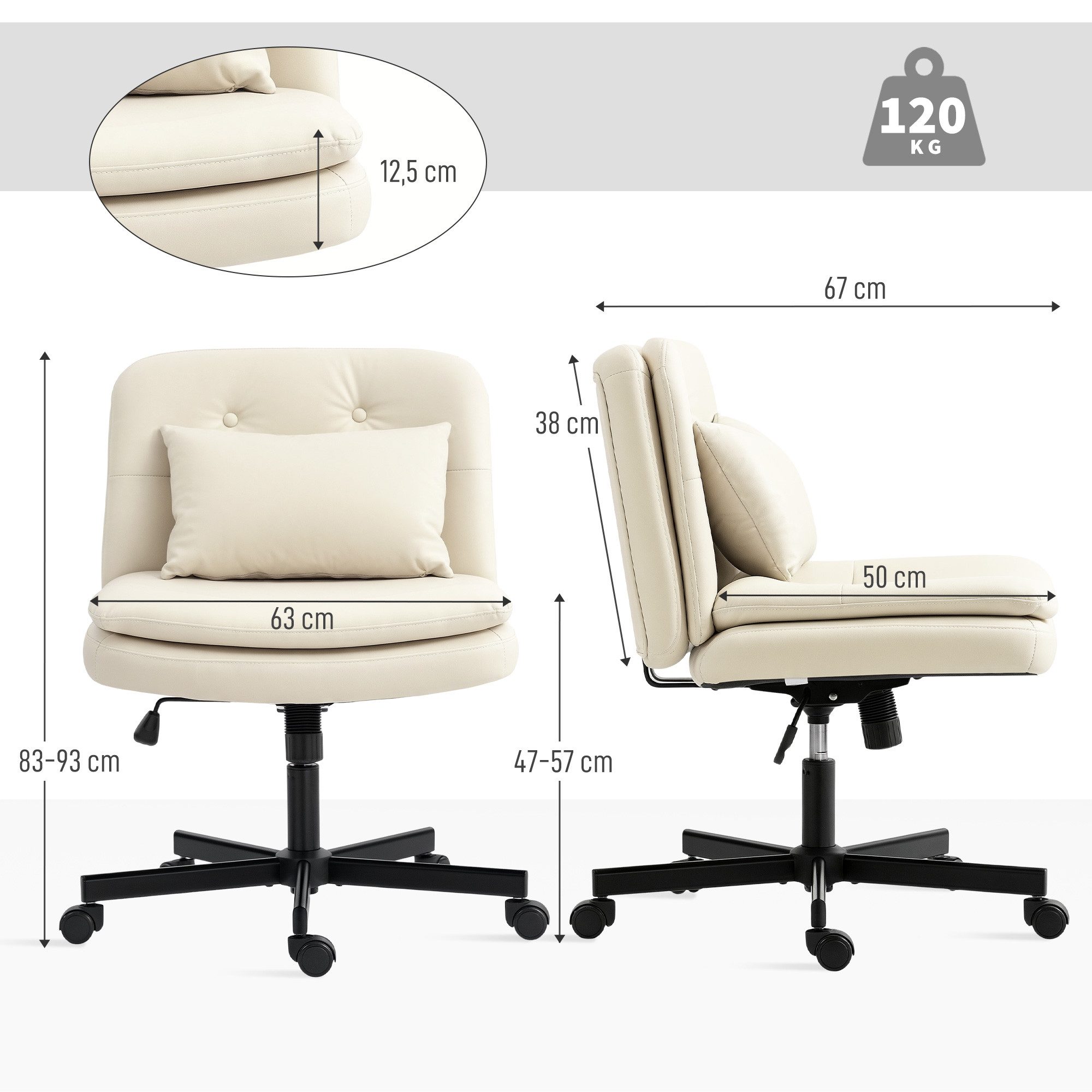 HOMCOM Bürostuhl ohne Armlehnen, mit breit doppelschichtig Polster, Kissen (gepolsterter Schreibtischstuhl, 1 St), Kunstleder Schneidersitz Stuhl für Büro, Beige
