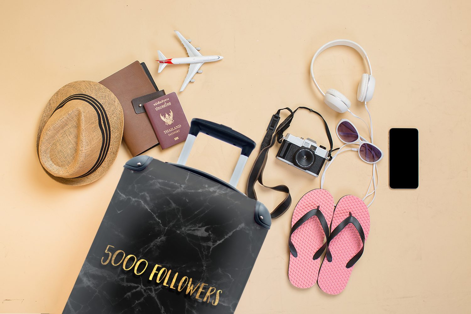 MuchoWow Marmor, 4 Trolley, - Handgepäck mit - für Reisekoffer Reisetasche Instagram Rollen, Ferien, - Medien rollen, Gold Soziale Handgepäckkoffer