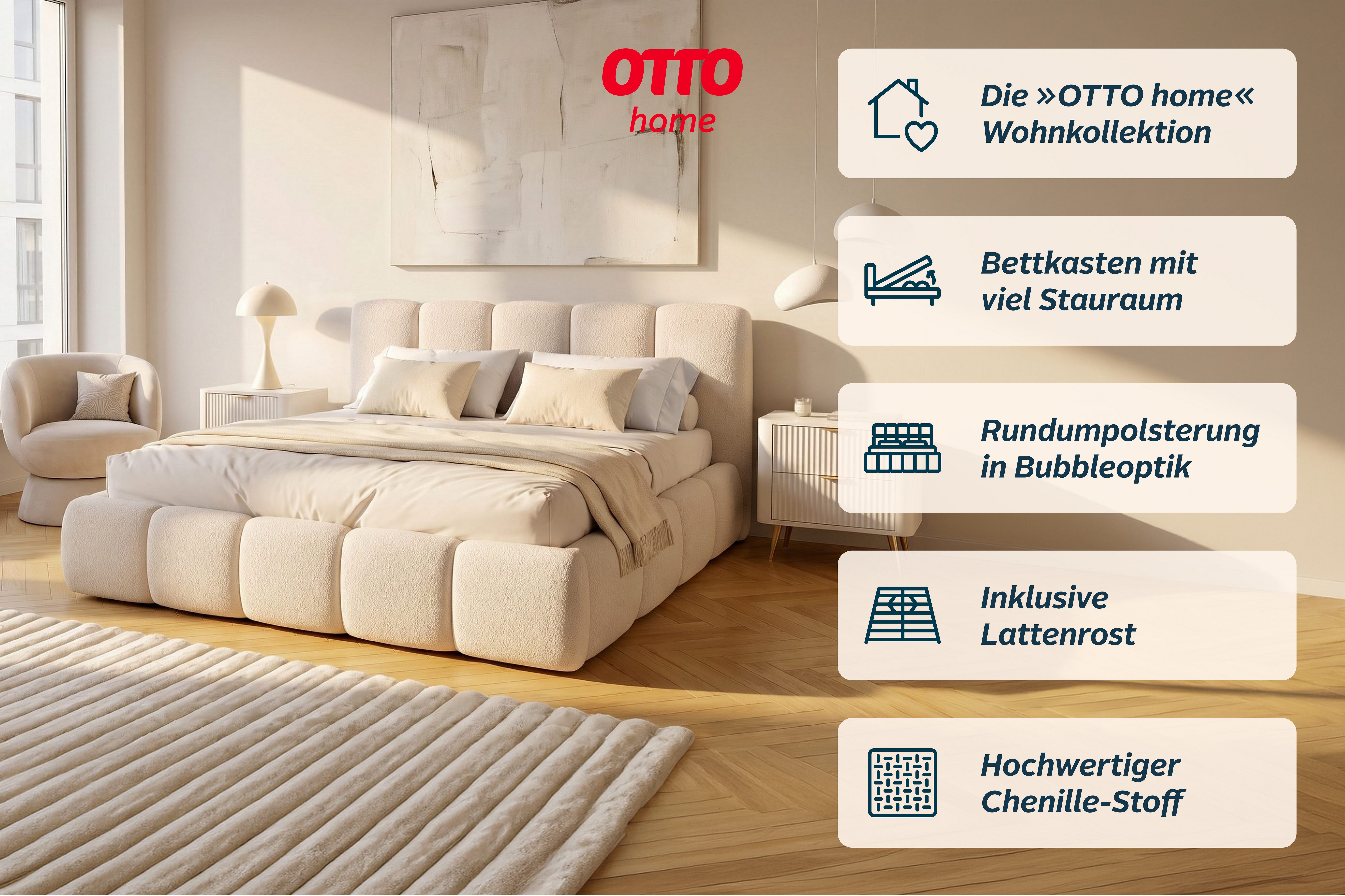 OTTO home Polsterbett MERLINDA, Stauraumbett mit Lattenrost und Bettkasten, Chenille-Bezug, dick gepolstertes Kopfteil und Rahmen, Liegefläche 140x200/ 180x200  – Bild 3 von 5