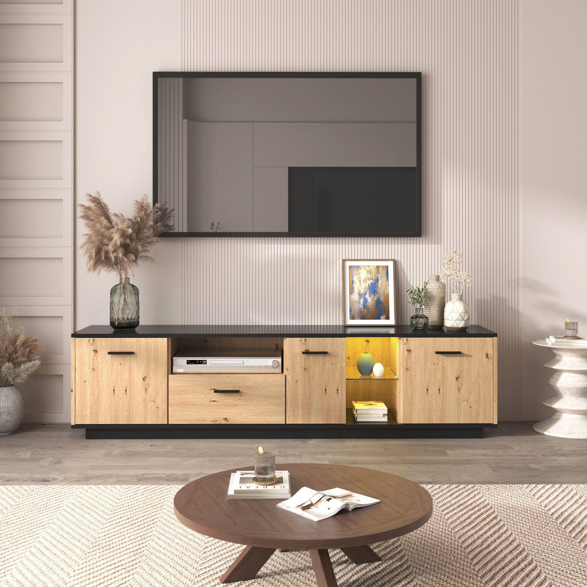 OKWISH TV-Schrank Mit einer Schublade,drei Türen, zwei offene Fächer mit Glas TV-Möbel (180 L x 40 B x 45 H(cm) Schwarze und natürliche Holzfarben, 15 variable LED-Leuchten.