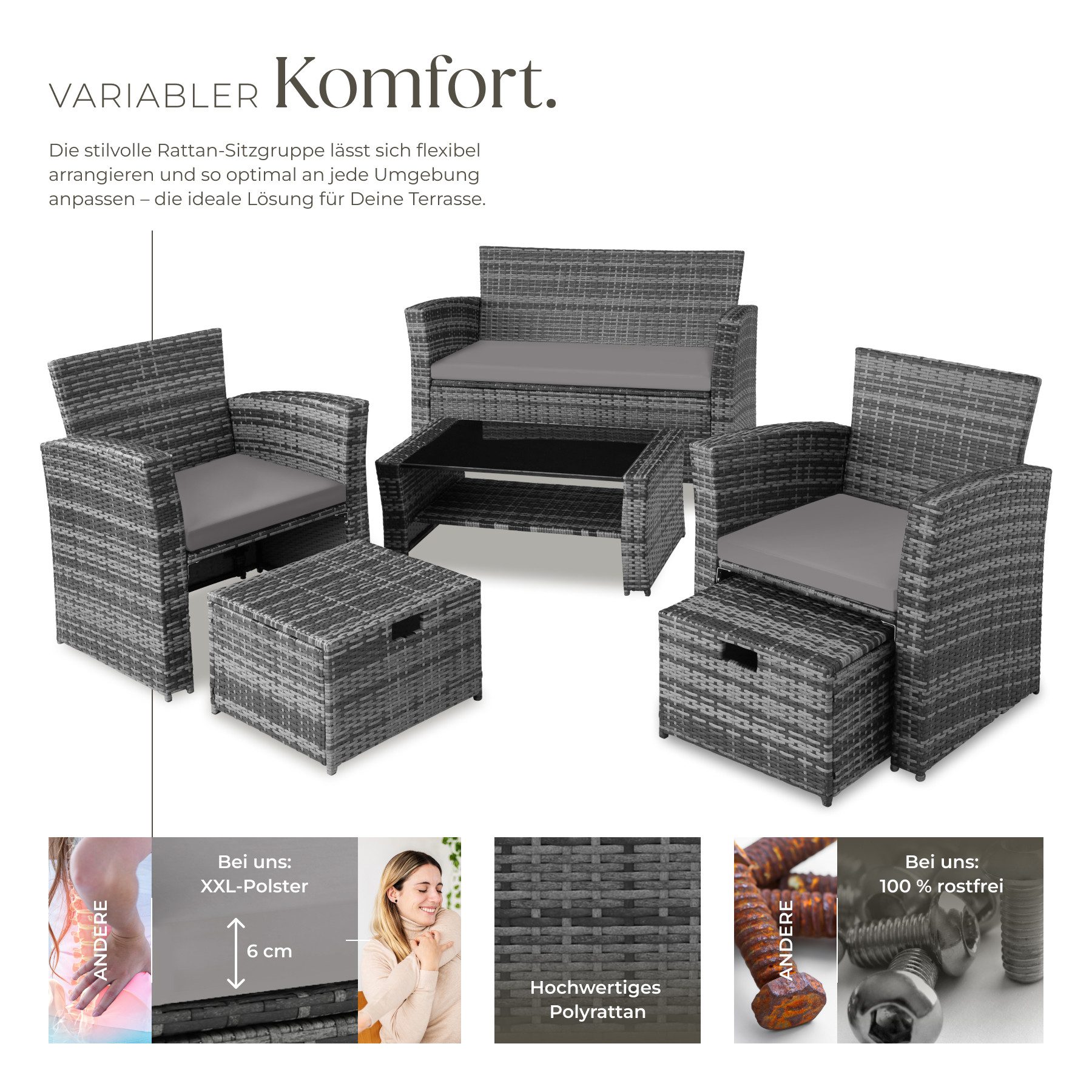 tectake Sitzgruppe Rattan Gartengarnitur Modena mit Stauraum, (rattan sitzgruppe Modena, 6-tlg., in Grad), Wetterfestes Polyrattan und Schutzhaube