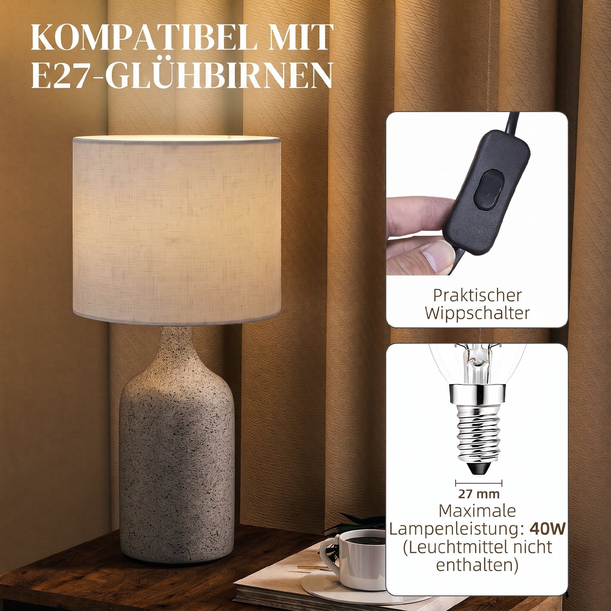 HOMCOM Tischleuchte Nachttischlampe mit Keramiksockel, Leinenschirm, Wippschalter, Ein-,Ausschalter, ohne Leuchtmittel, mit E27 Fassung, für Schlafzimmer Wohnzi – Bild 5 von 5