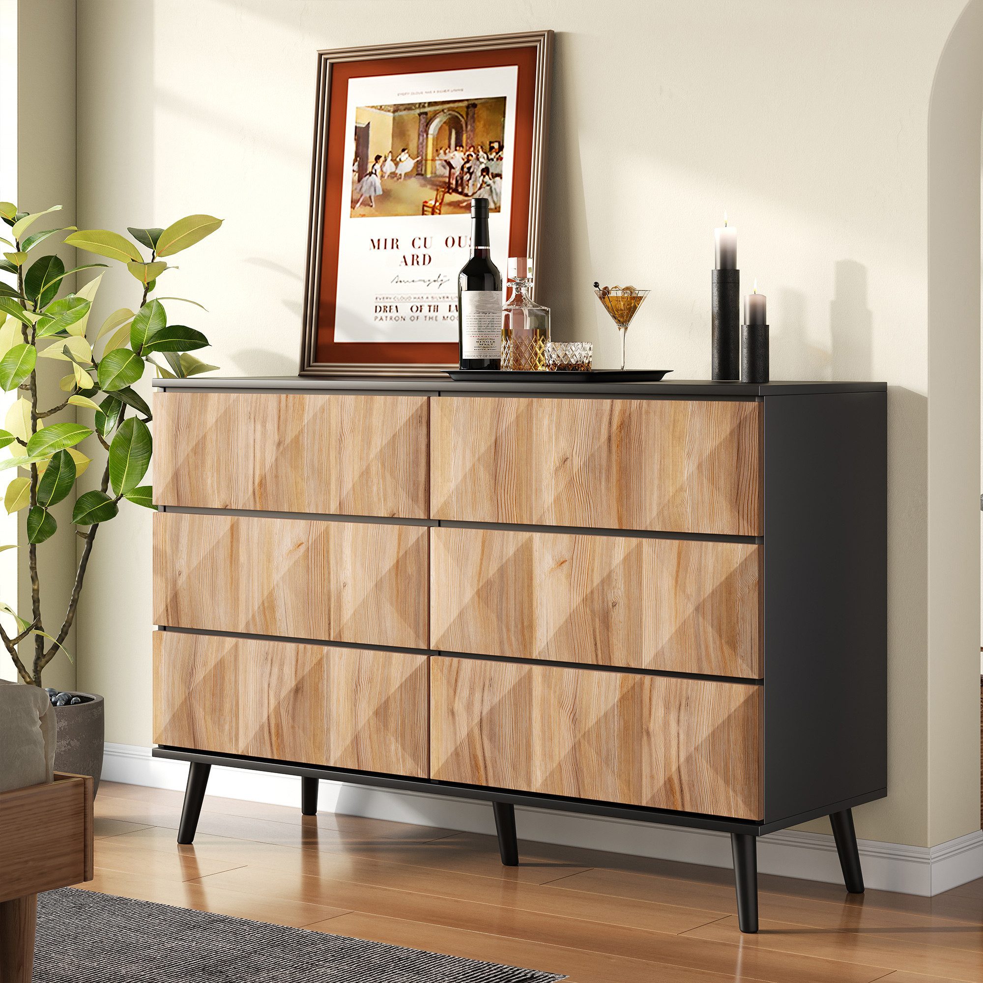 Merax Sideboard mit 6 Schublade, Anrichte in Schwarz & Holzoptik (1 St., 12 günstig online kaufen