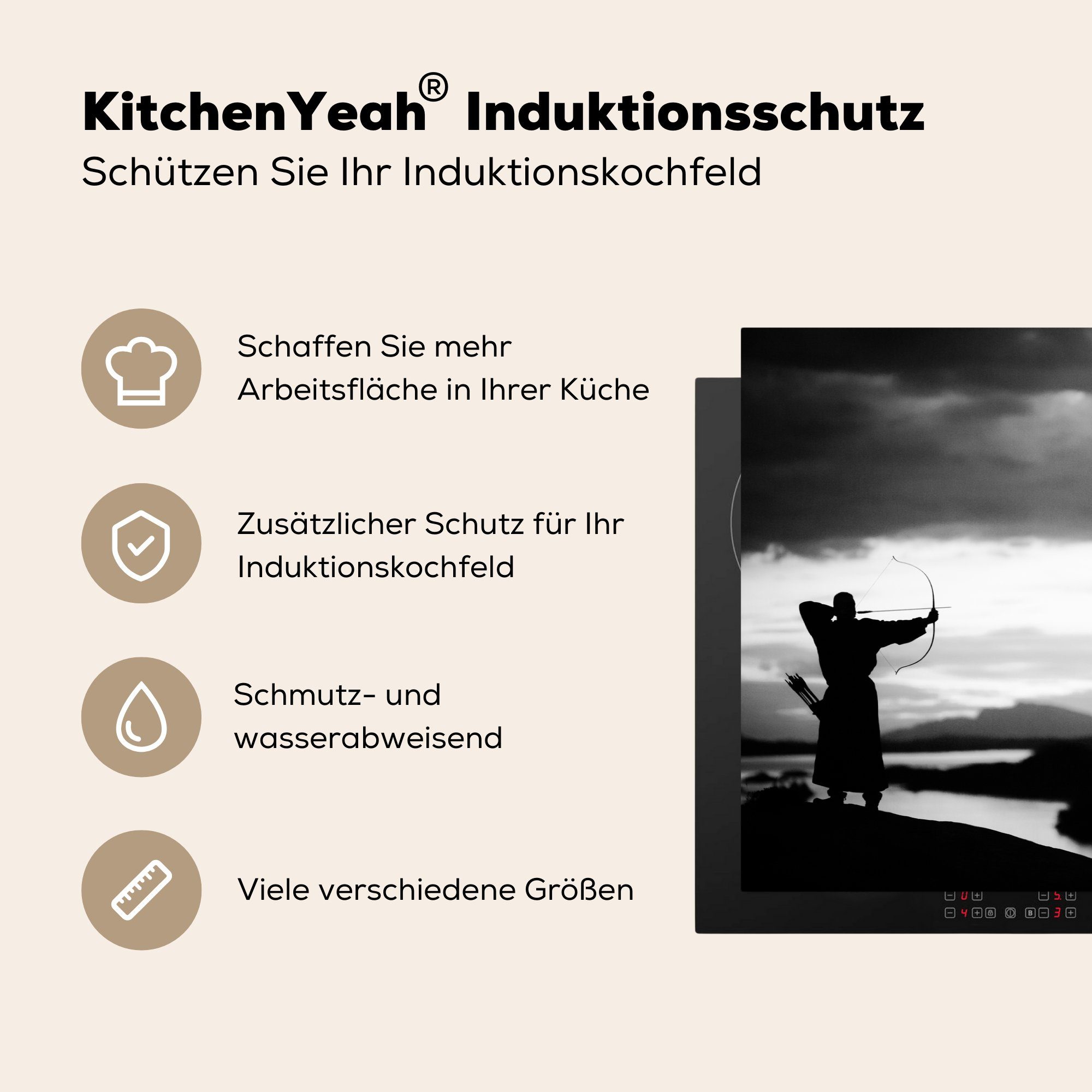 MuchoWow Jagd Mann tlg), 81x52 Induktionskochfeld küche, Herdblende-/Abdeckplatte für die Bogenschießen, (1 cm, Vinyl, Ceranfeldabdeckung Schutz