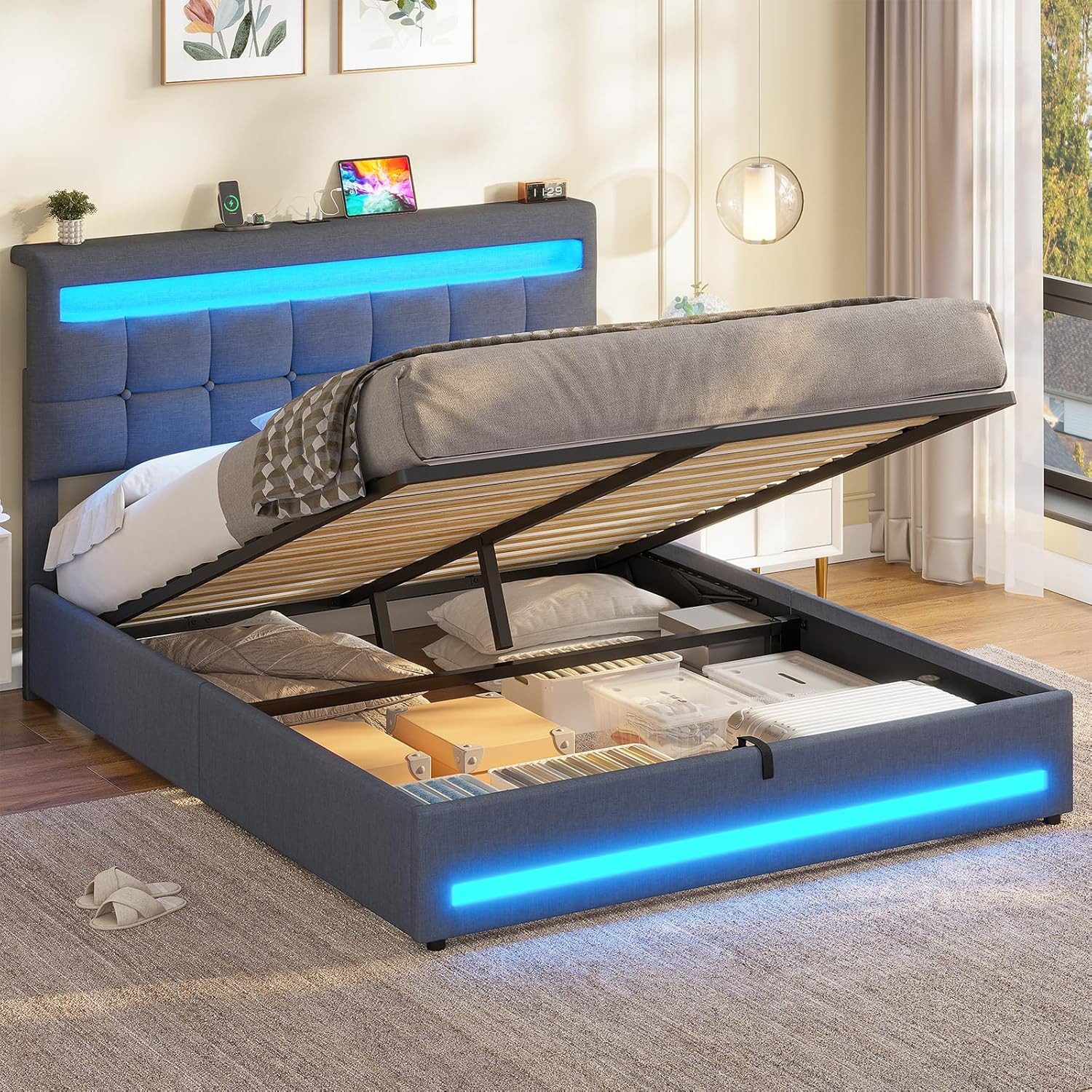 MSMASK Polsterbett Jugendbett mit LED Beleuchtung und Ladestation, Hydrauli günstig online kaufen