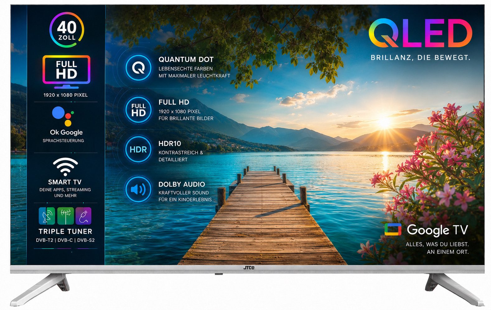 JTC-24 JTCSQ40F39405G QLED-Fernseher (100 cm/40 Zoll, Full HD, Smart-TV, Google TV, 40 Zoll, QLED, Android TV, Sprachsteuerung, Triple Tuner, Bluetooth)