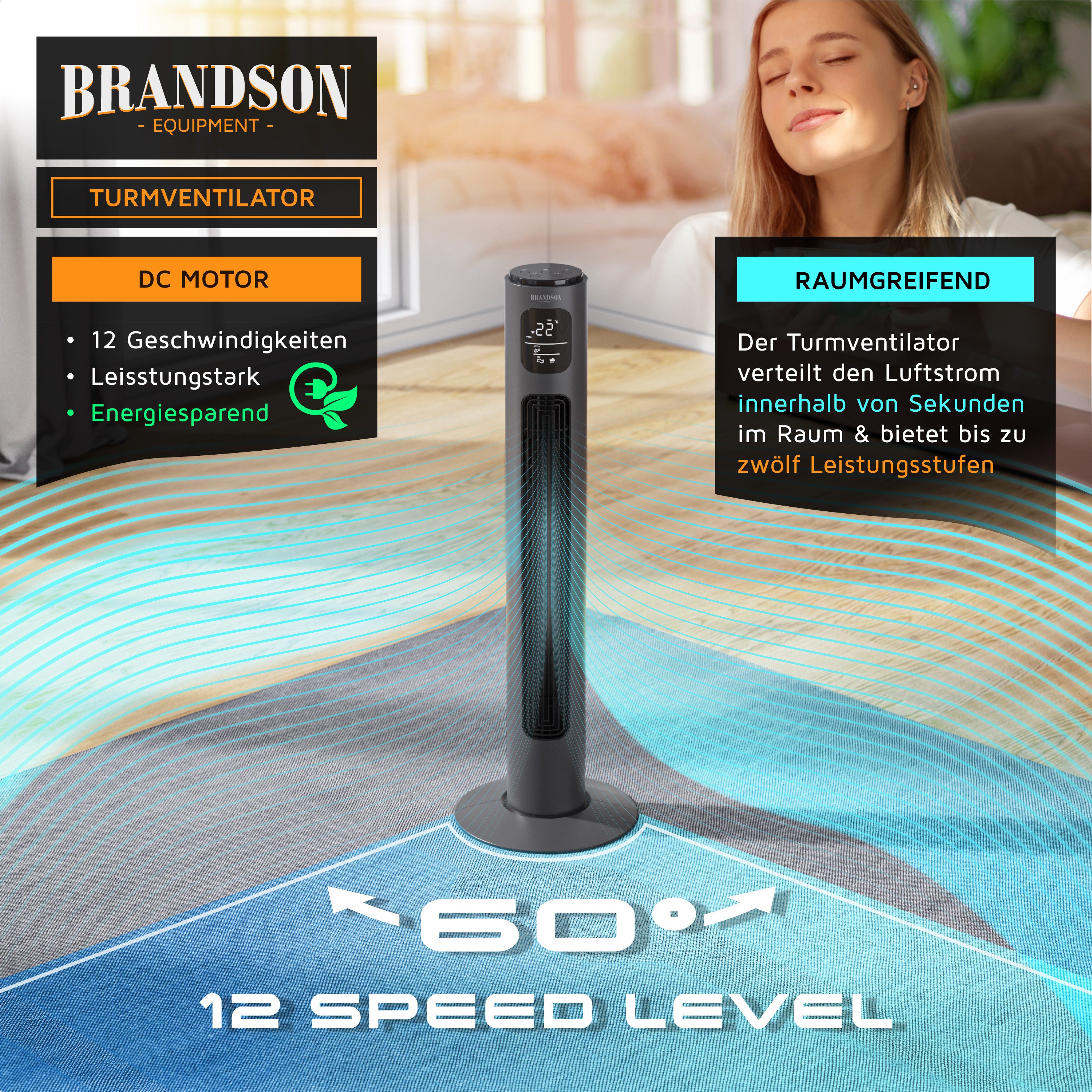 Brandson Turmventilator Eco DC-Motor 35W, App-Steuerung/Sprachbefehl, Timer, Oszillation, WiFi, Preisträger 2025, extrem leiser Lüfter, 12 Lüftungs-Modi, GS-Geprüft