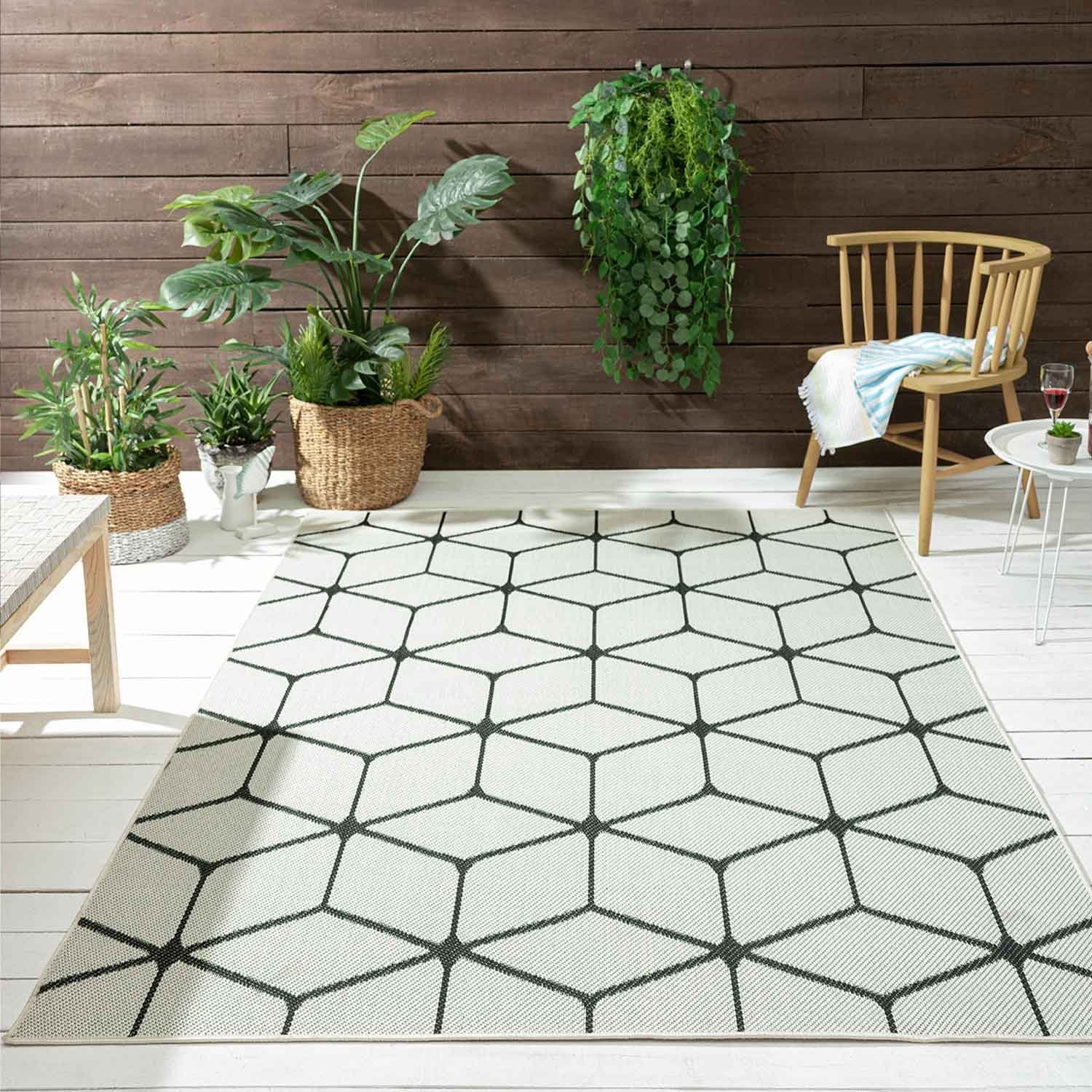 Vimoda Outdoorteppich In- & Outdoor Teppich Bienenstock Optik Raute Muster, für Balkon Küche, Rechteckig, Höhe: 5 mm, Robuster Flachgewebe Läufer Outdoor in Creme & Schwarz