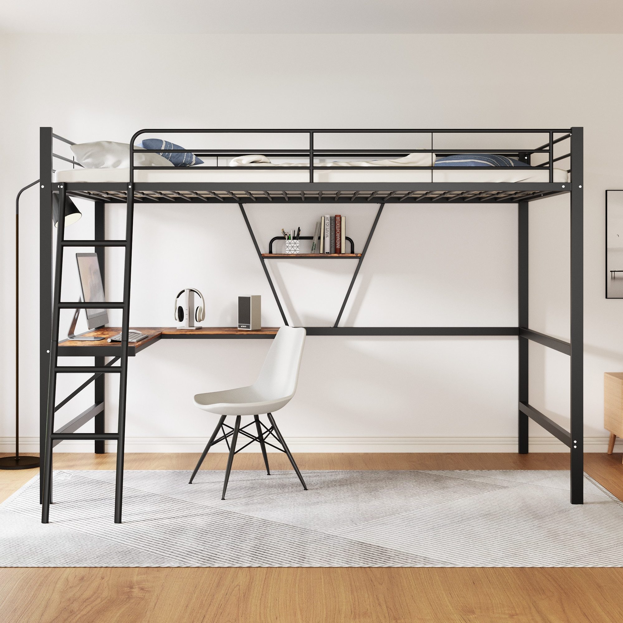 STILVORA Hochbett erwachsene 90x200 mit Schreibtisch,Eisenbett Jugendbett mit Lattenrost (mit L-förmigem Schreibtisch und einem Regal, für Kinder, Jugendliche und Erwachsene 90x200cm) ohne Matratze