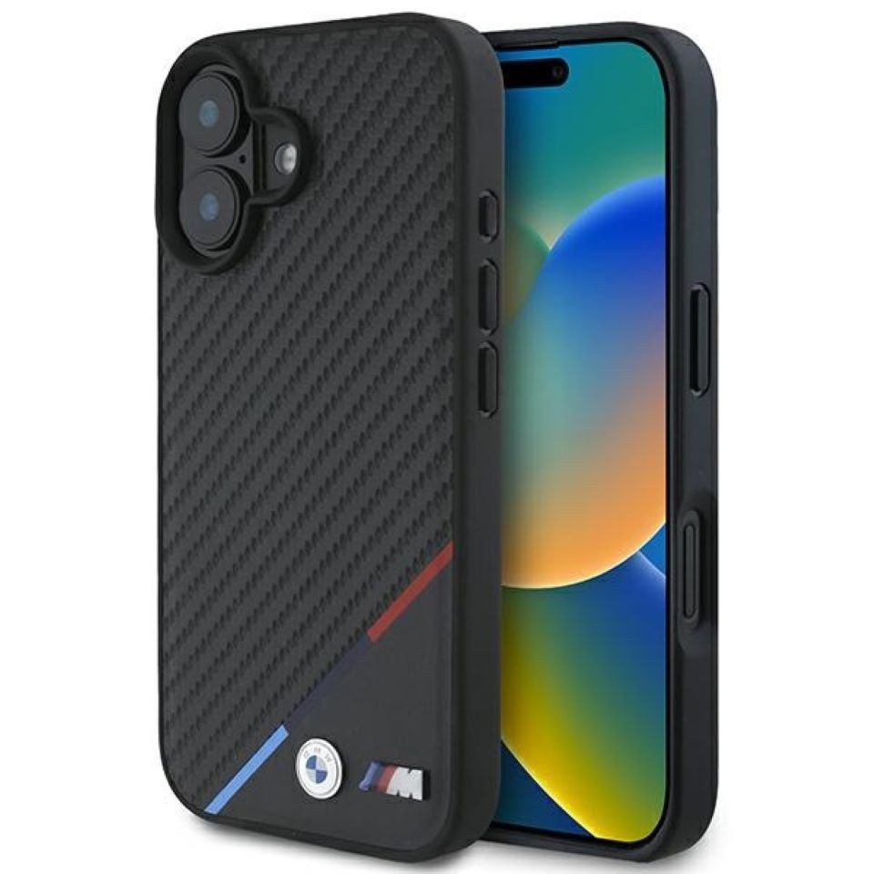 BMW Handyhülle iPhone 16 Carbon Optik Tricolor schwarz MagSafe Logo Metall 6,1 Zoll, Kantenschutz