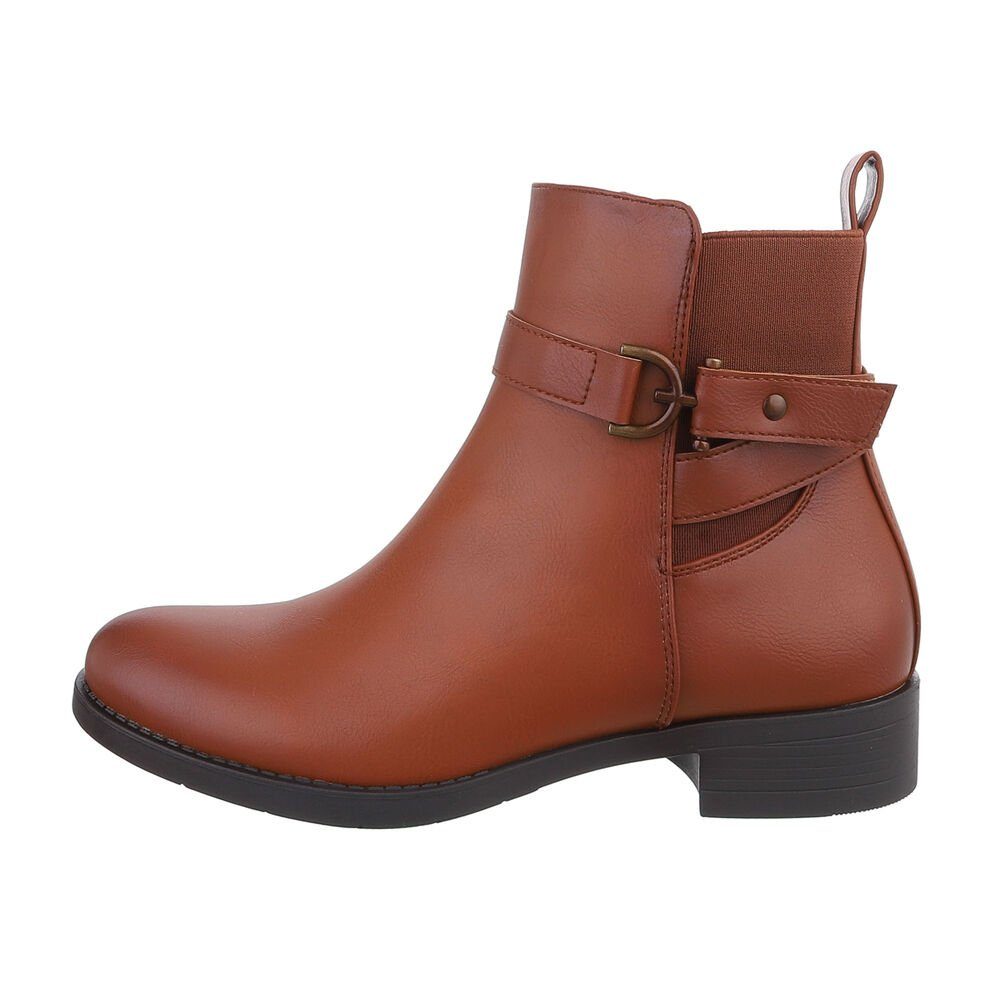 Ital-Design Damen Elegant Chelseaboots Blockabsatz Flache Stiefeletten in Camel