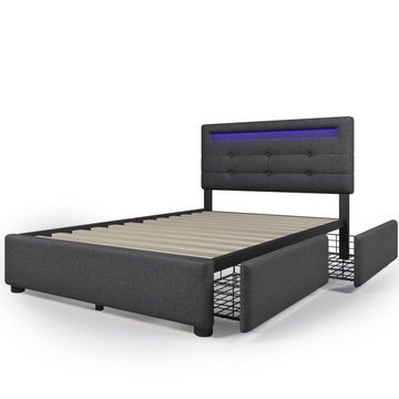 WISHDOR Polsterbett Doppelbett mit Schubladen LED Leuchte (ohne Matratze, Bettgestell mit Lattenrost und Bettstauraum Aufbewahrung Funktion), mit Schubladen aus stabilem Drahtgeflecht, 90x200cm