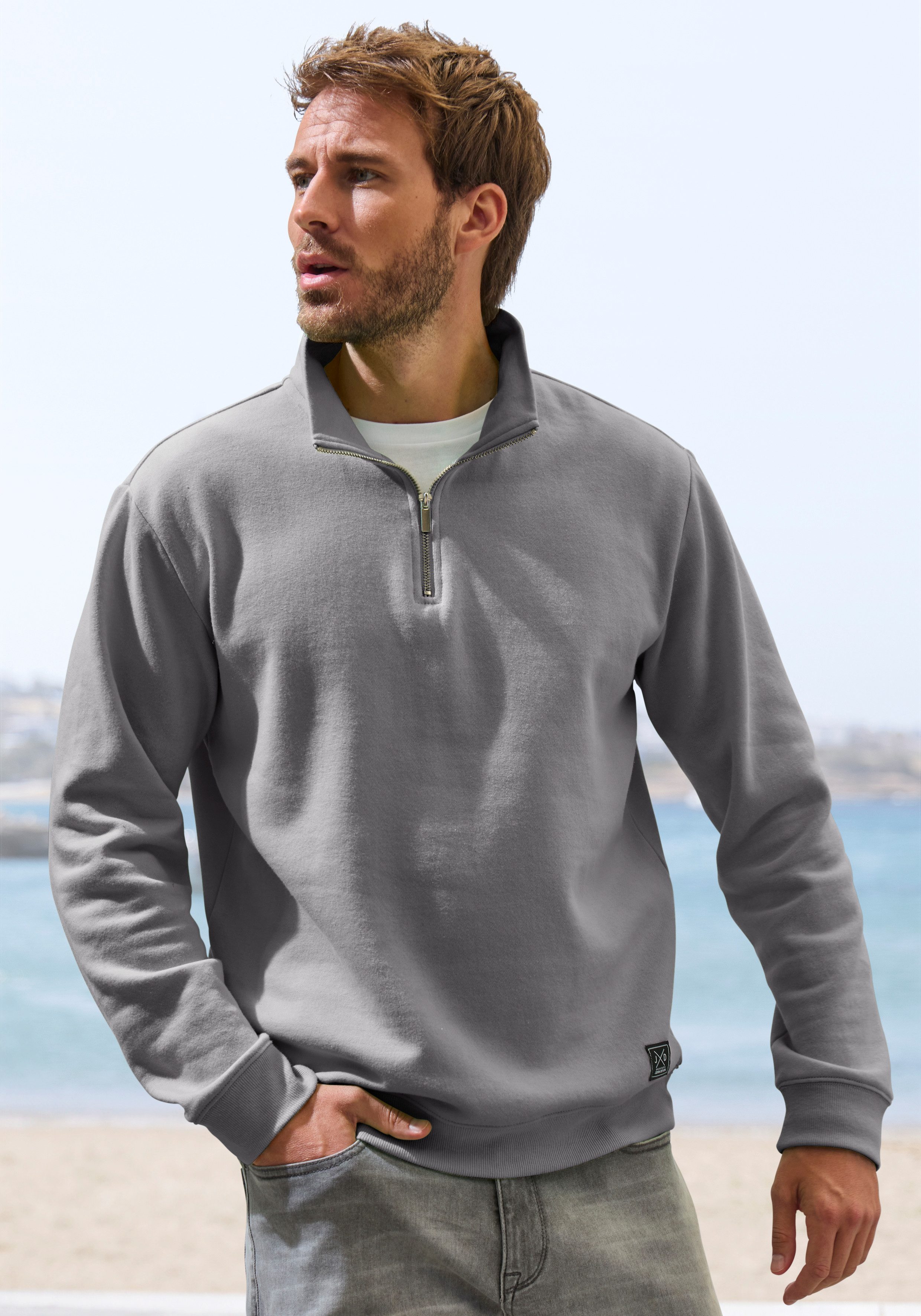 John Devin Sweatshirt Langarm, Pullover mit Reißverschluss am Stehkragen