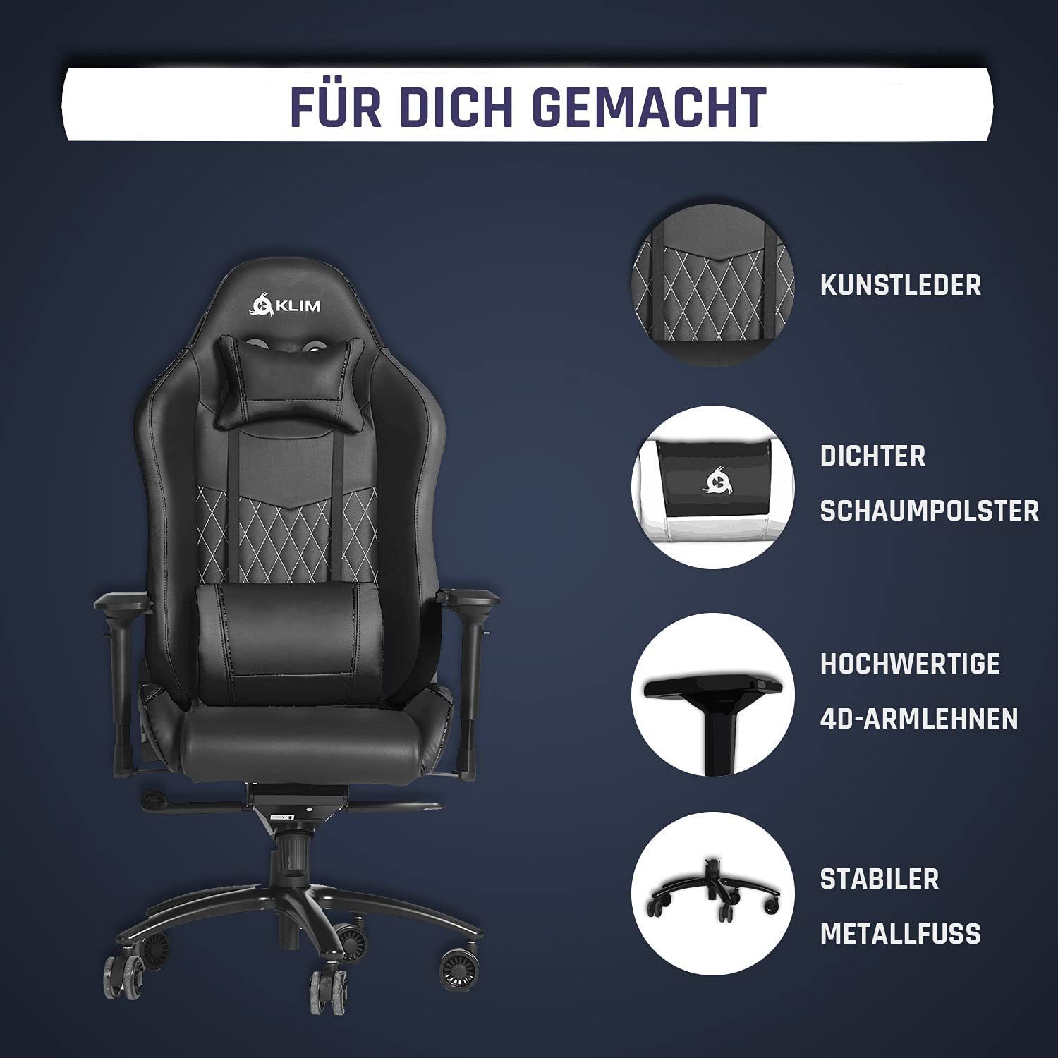 Chair Esports  Ergonomischer fürs Hochwertige Gaming Stylischer Stuhl, KLIM Stuhl, Schwarz Stuhl Arbeitszimmer Qualität, Gaming