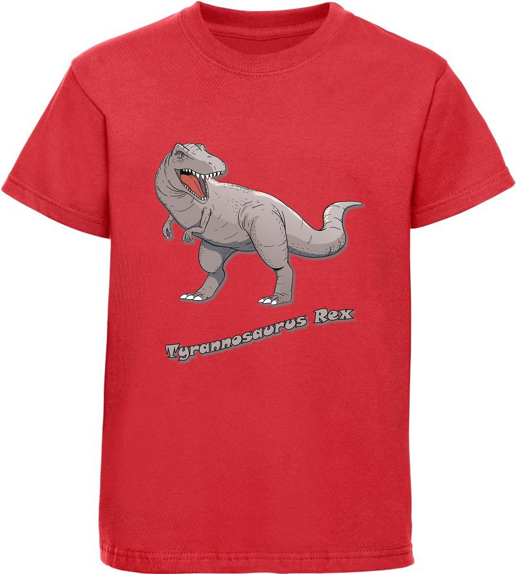 MyDesign24 T-Shirt bedrucktes Kinder T-Shirt mit Tyrannosaurus Rex 100%  Baumwolle mit Dino Aufdruck, rot i53