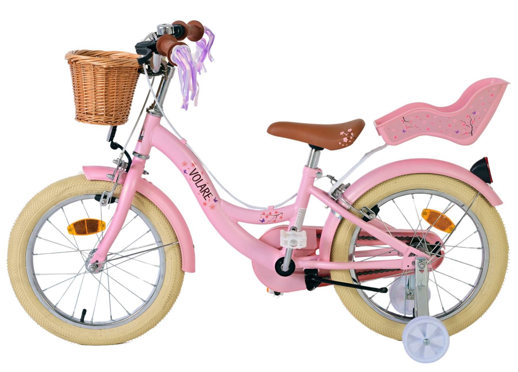 Volare Kinderfahrrad Volare Blossom - Mädchen - 16 Zoll - Rosa - Zweihandbremsen, abnehmbare Seitenräder, geschlossener Kettenschutz, Puppensitz