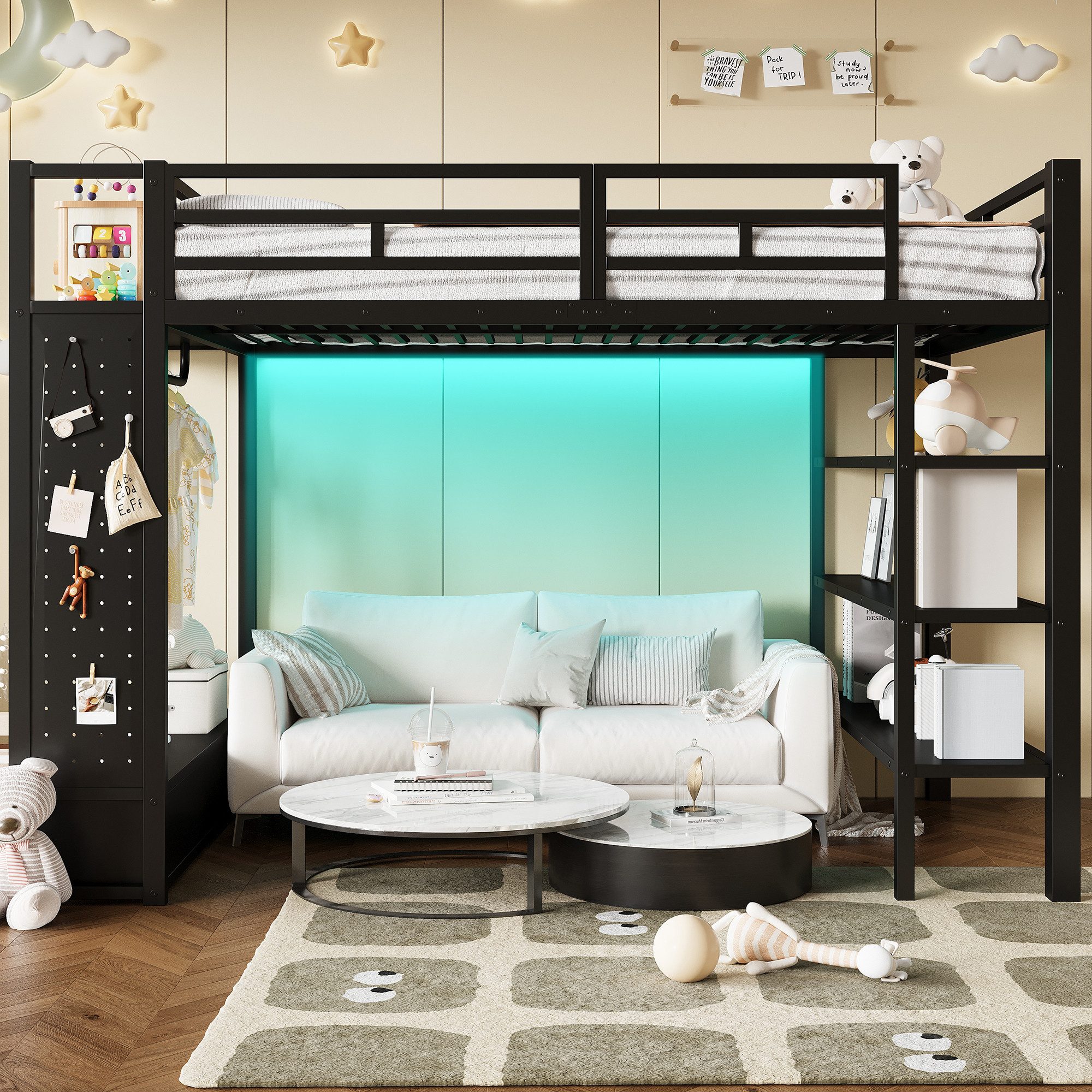 Merax Hochbett 140x200cm mit LED-Beleuchtung (Jugendbett Metallbett Loftbett, 1-St) Kinderbett mit offenem Kleiderschrank,Ablagefächern,Lochwand,Stauraum