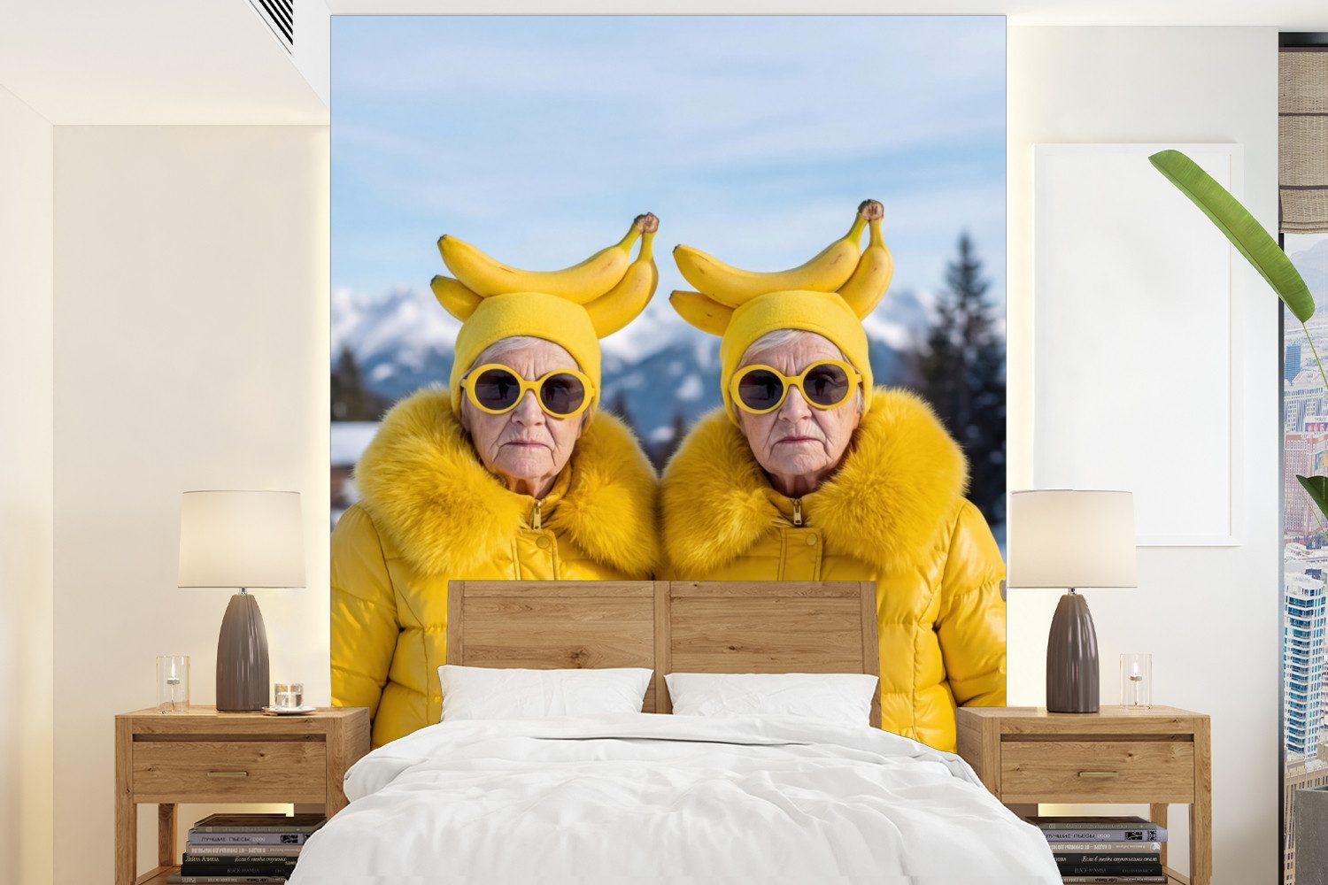MuchoWow Fototapete Frauen - Bananen - Gelb, Matt, bedruckt, Wallpaper für Wohnzimmer, Schlafzimmer, Vinyl Tapete, 165x220 cm