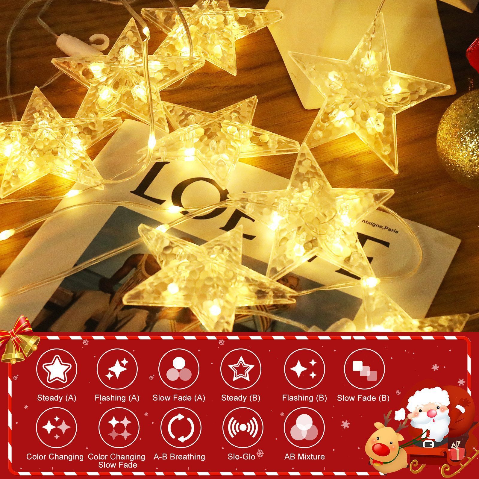 Elegear LED-Lichterkette Weihnachtsdeko Fenster Stern, beleuchtete Weihnachtsbeleuchtung, Lichterkette Sterne mit Timer Innen/Außen, Weihnachtsstern Fensterdeko