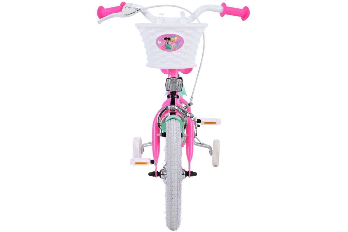 Volare Kinderfahrrad 14 Zoll Kinder Mädchen Fahrrad Mädchenfahrrad Rad Barbie 31454-SACB, 1 Gang, Rücktrittbremse, Korb,Stützräder,Kettenschutz, Schutzbleche