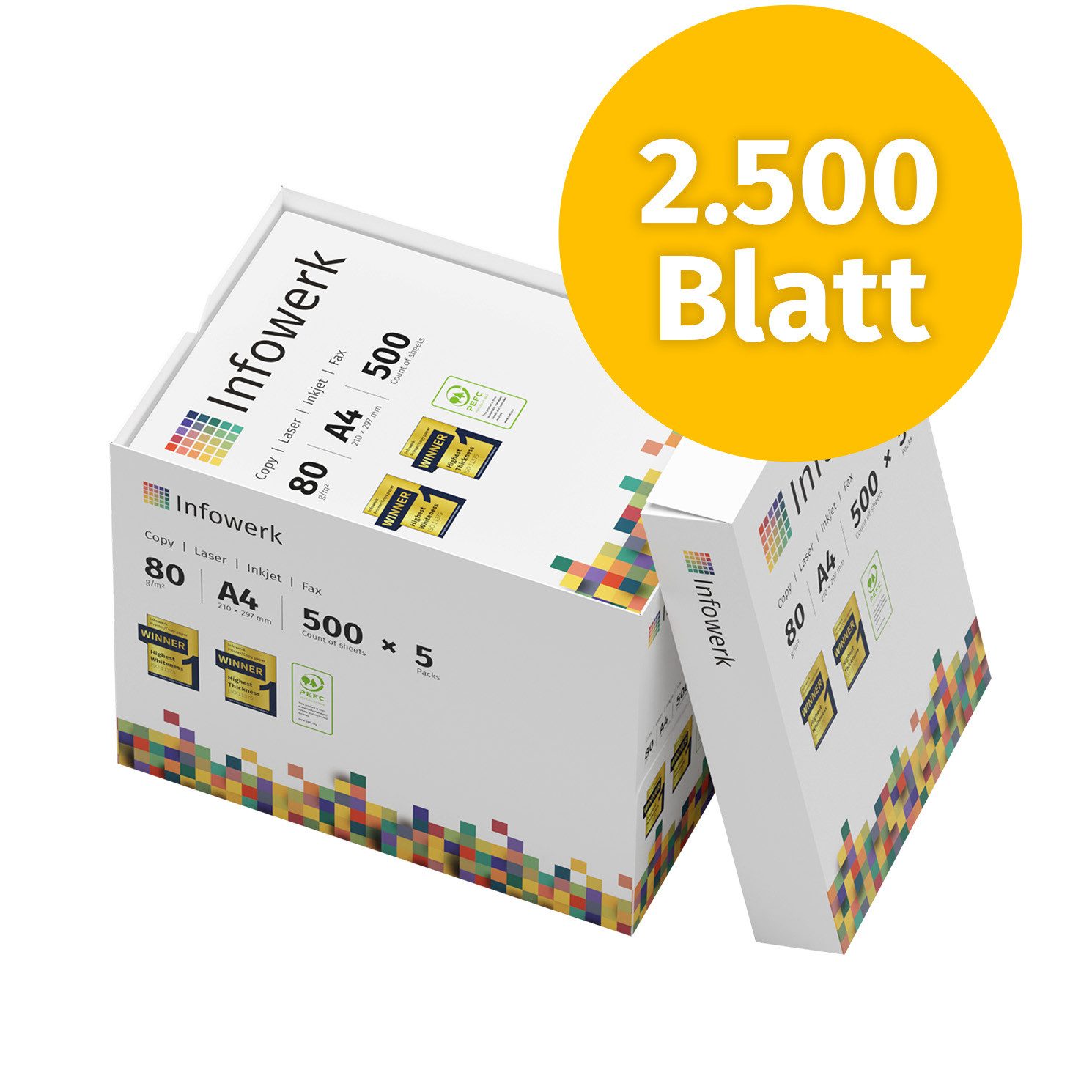 Infowerk Druckerpapier Kopierpapier 2500 Blatt A4 80g Premium Weiß Testsieger PEFC