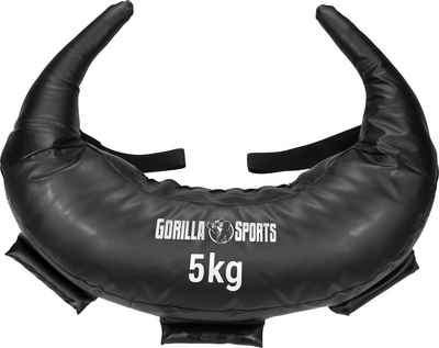 GORILLA SPORTS Gewichtssack Bulgarian Bag, 5kg/8kg/12kg/17kg/22,5kg, Krafttraining Tasche, Schwarz, Schlaufen aus Kunstleder - Sandsack, Power Bag, Fitness