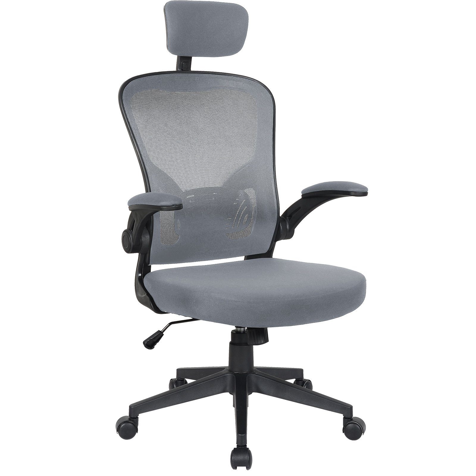 TRISENS Chefsessel Harry (1 Stück), Bürostuhl mit hochgeklappten Armlehnen Home Office Chair in Mesh-Optik Schwarz / Grau mit Kopfstütze
