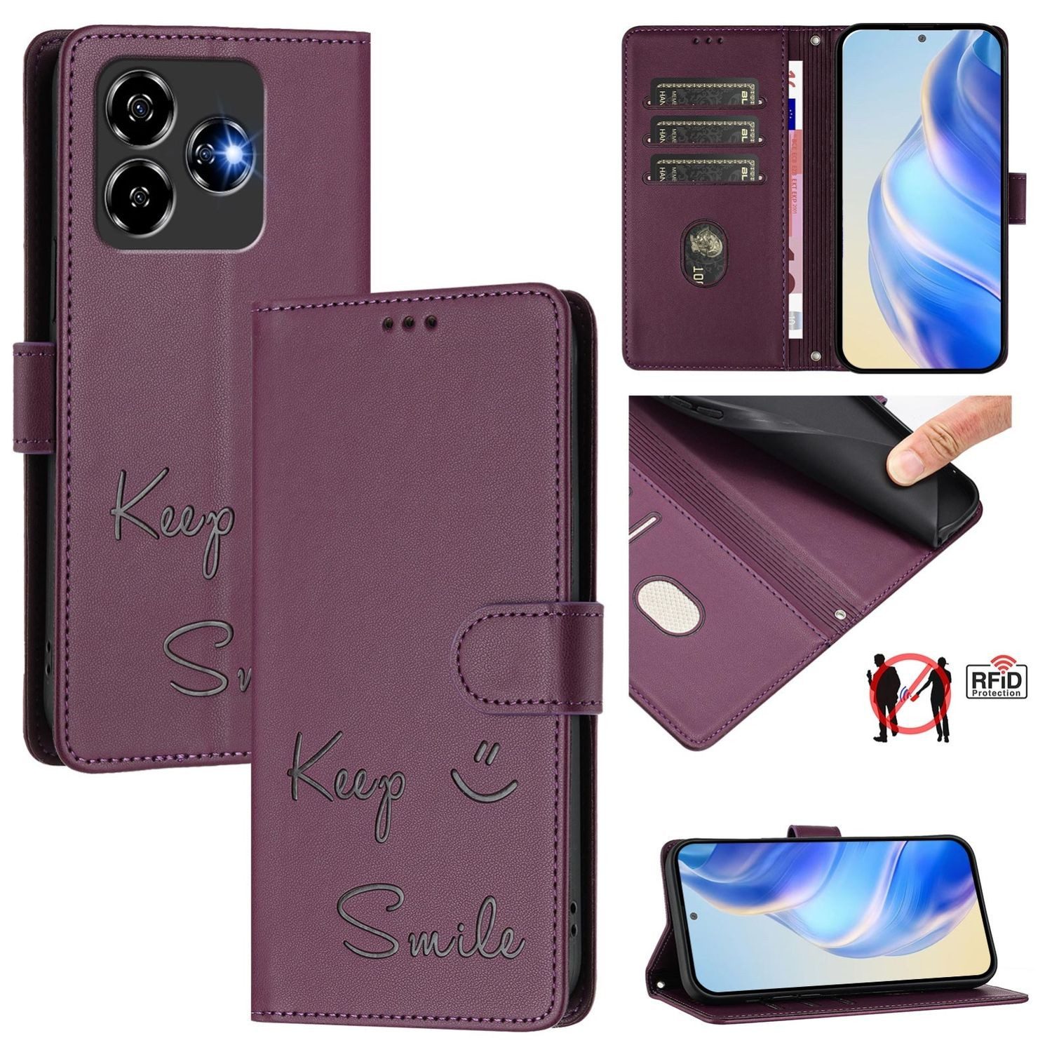 Wigento Smartphone-Hülle Für ZTE Blade V60 Vita / Axon 60 Lite Design Kunst Leder Hülle Violett, Design Kunstleder Hülle RFID-Schutz und praktischen Kartenfächern