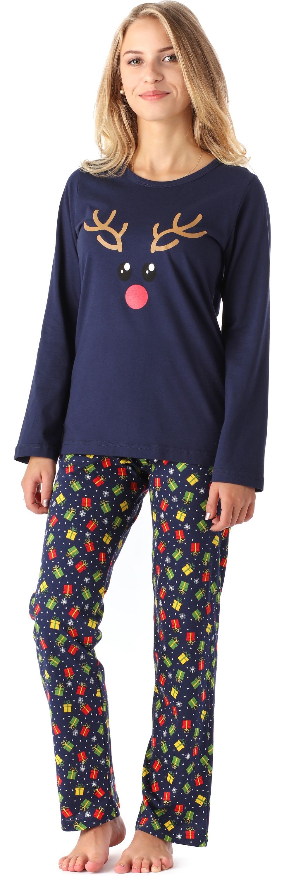 Style Pyjama MS10-192 Lang Schlafanzug Geschenke Schlafanzug Merry Winter Zweiteilieger Marine Damen