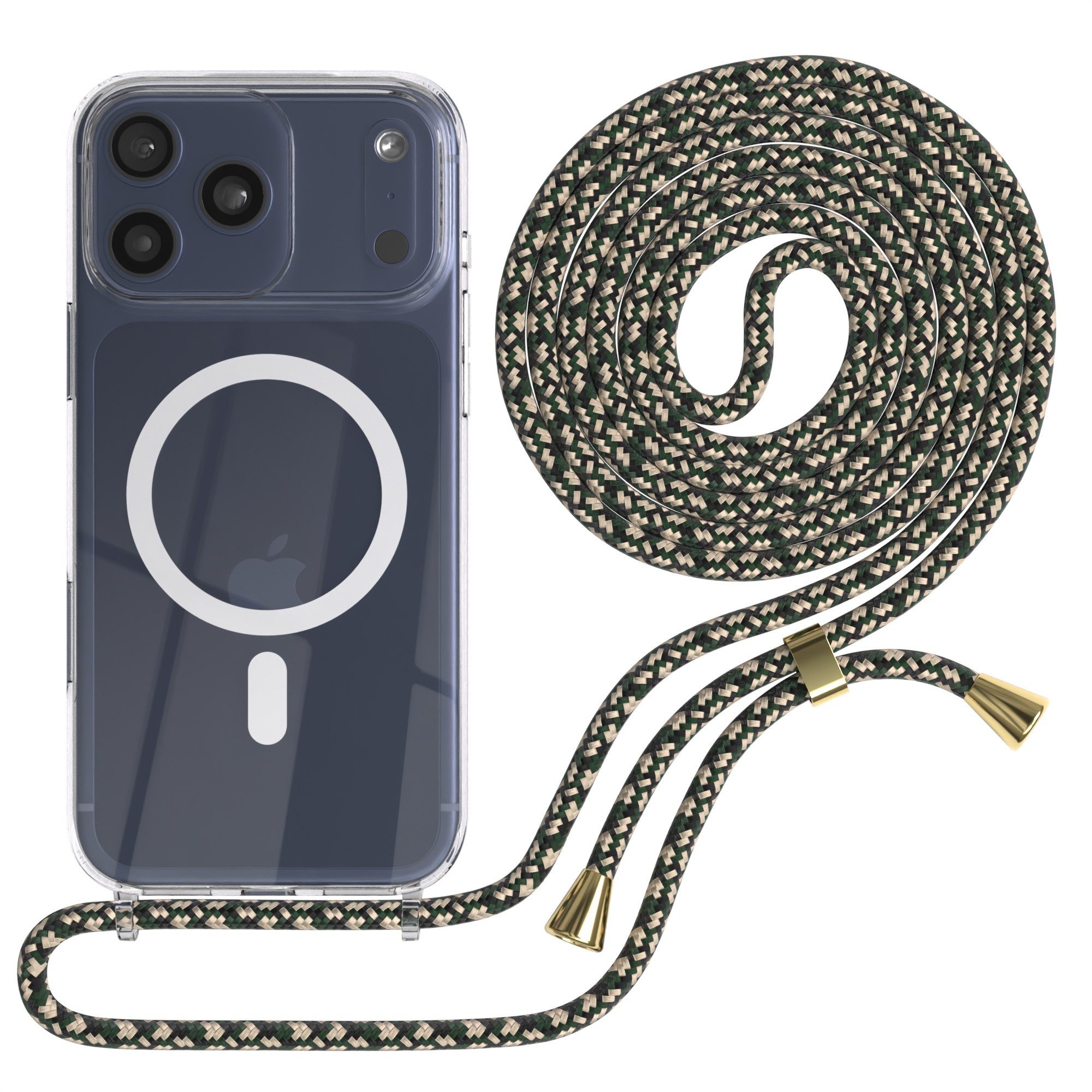 EAZY CASE Handykette mit Magsafe Hülle für Apple iPhone 17 Pro Max 6,9 Zoll, Umhängeband mit Backcover Etui Schutzhülle Hülle Case Camouflage Grün
