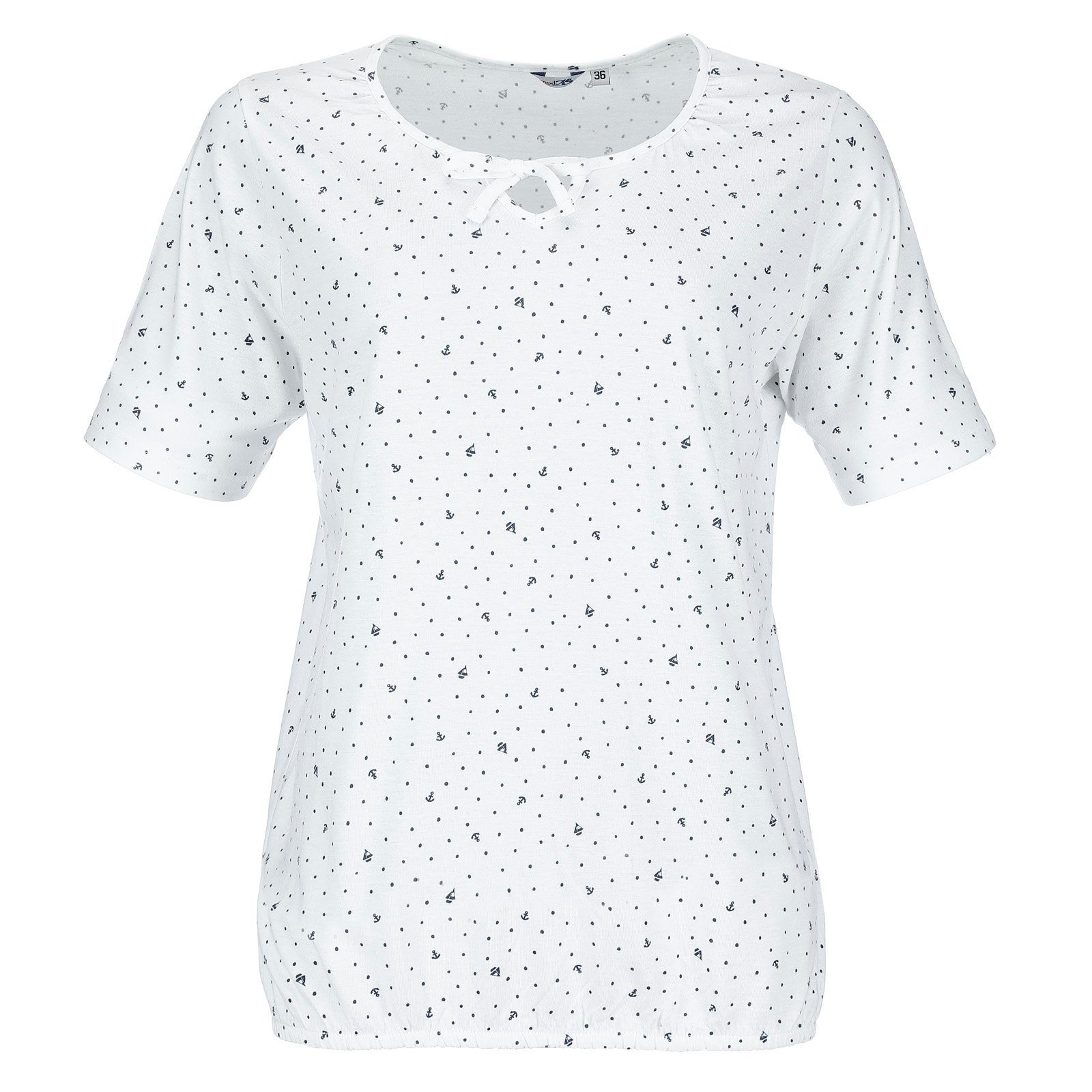 modAS T-Shirt Damen Kurzarm Basic-Shirt Maritim mit Punkte-Anker-Schiffchen-Print (04) weiß / blau