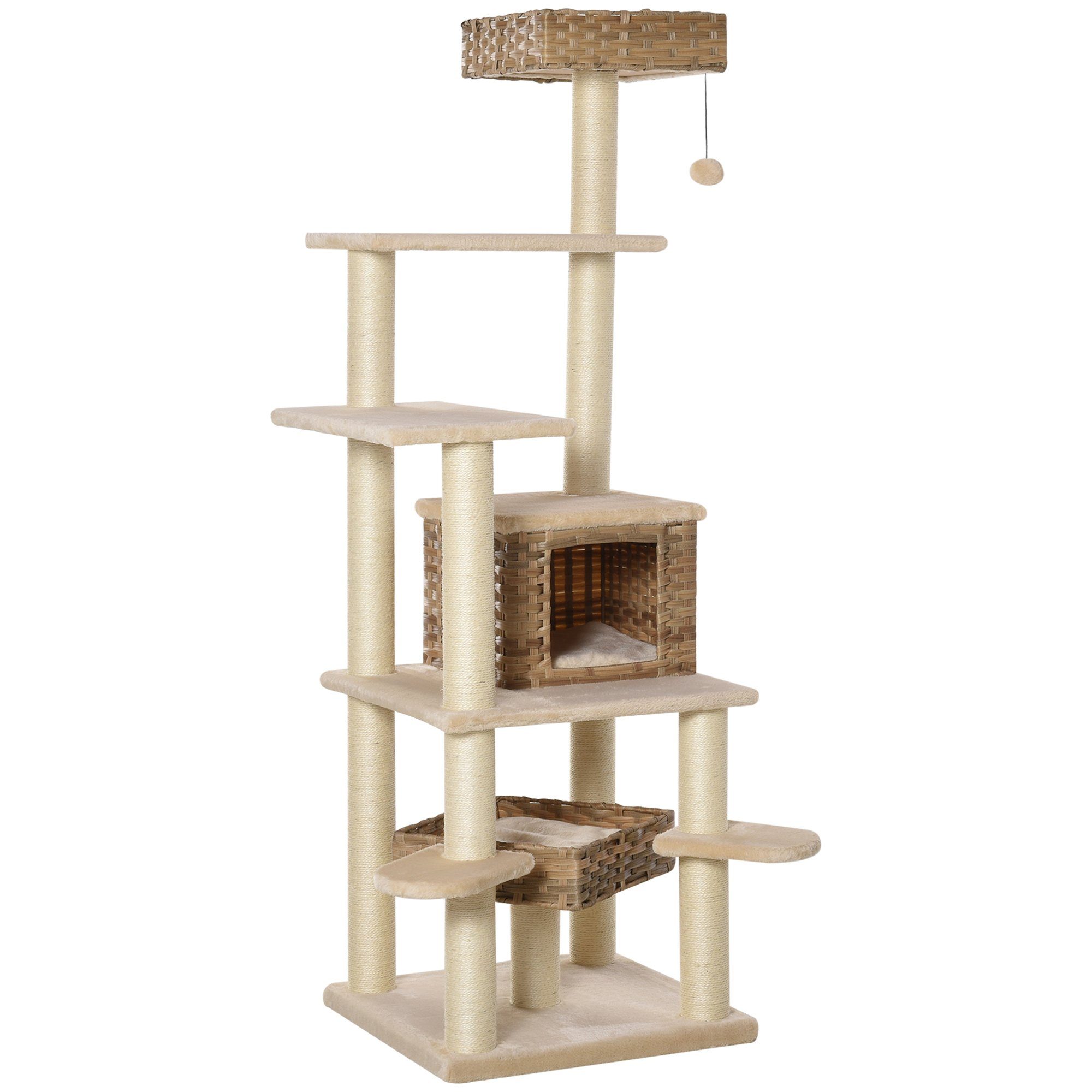 PawHut Kratzbaum mit Katzenhöhle Mehrstufiger Katzenbaum, E1 MDF Sisal, Beige+Braun, 55L x 55B x 174H cm