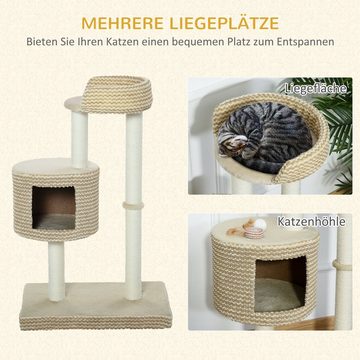 PawHut Kratzbaum Kletterbaum Katzenkratzbaum, Beige und Kaffee, Spanplatte Plüsch Jute, 61L x 41B x 96H cm