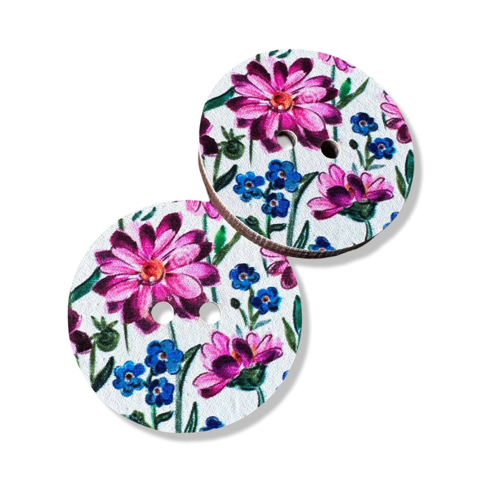 Hartmann-Knöpfe Knopf 5 Stück flache Knöpfe 3cm Birkenholz Blume Motiv lila rosa 2 Loch