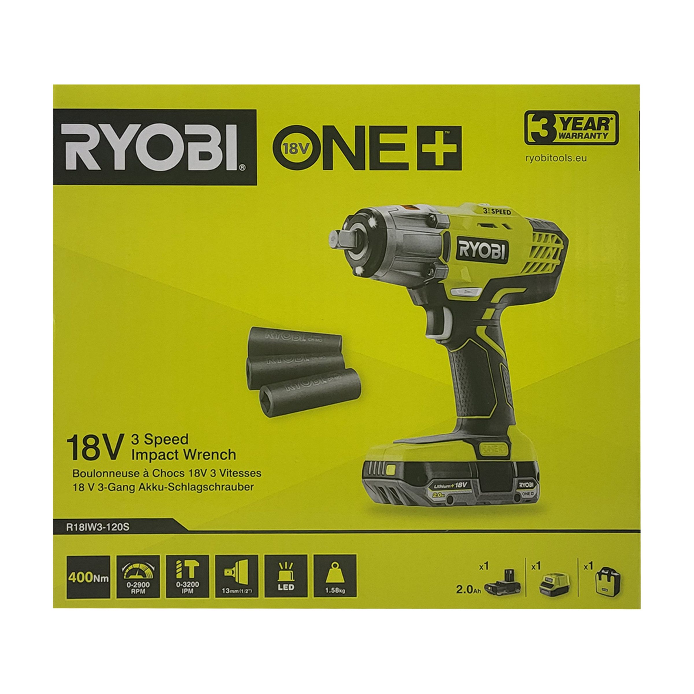 RYOBI Akku-Schlagschrauber Ryobi R18IW3-120S – 18V ONE+ Akku-Schlagschrauber 400 Nm Set, (1-tlg)
