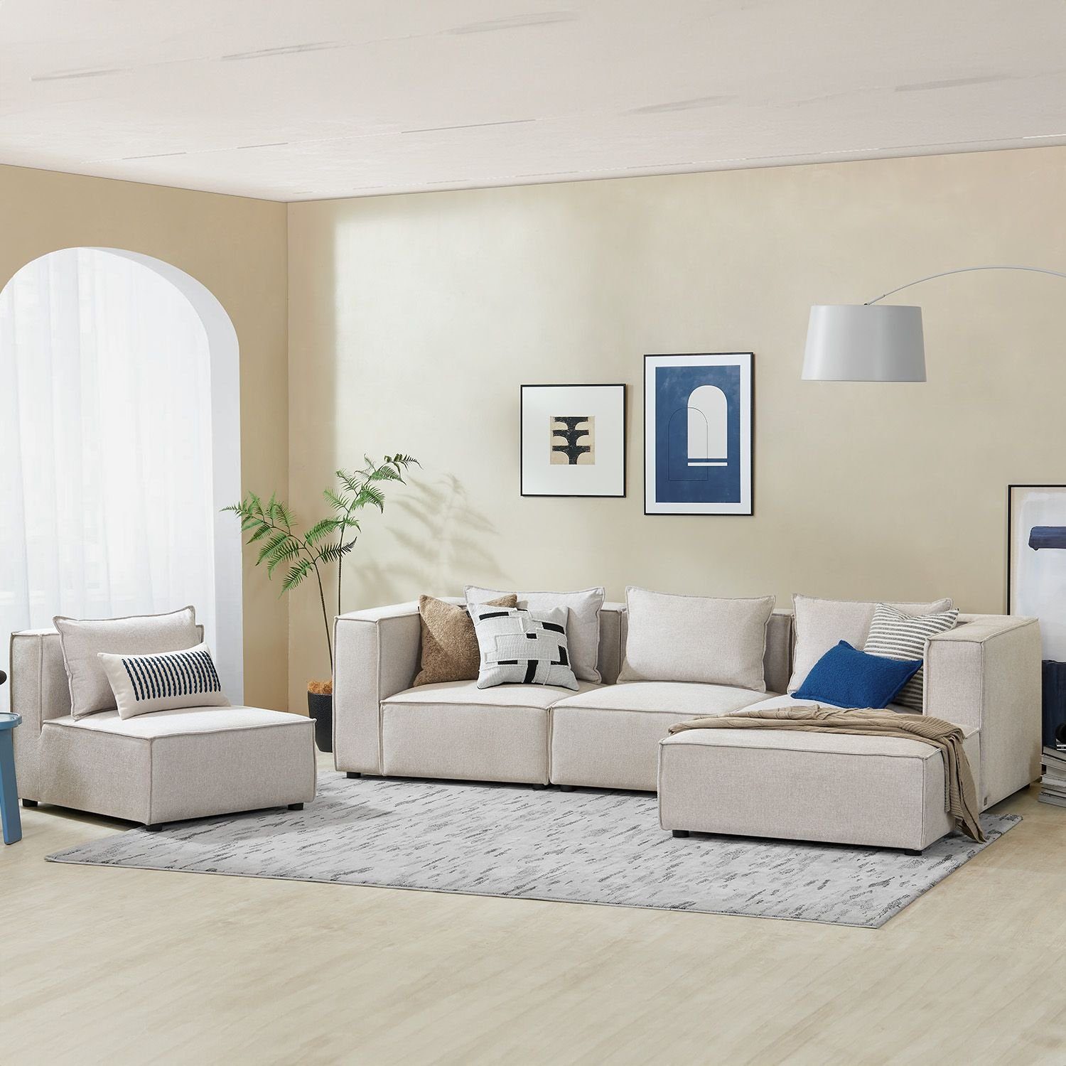 Juskys Ecksofa Domas, 5 Teile, XL, modulare Couch für Wohnzimmer, 4 Sitzer mit Ottomane & Kissen