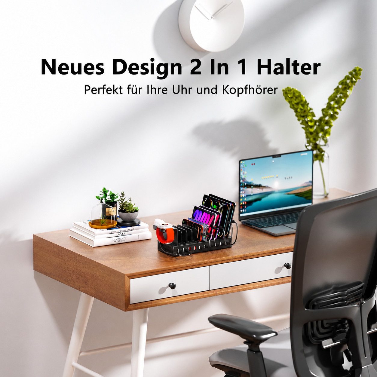 ibettertec 100W Multi-Geräte Ladestation mit 10 Anschlüssen Ladestation (USB-C & USB-A Ladehub inkl. 10 Kabeln, Verstellbare Halterung für Smartphones)