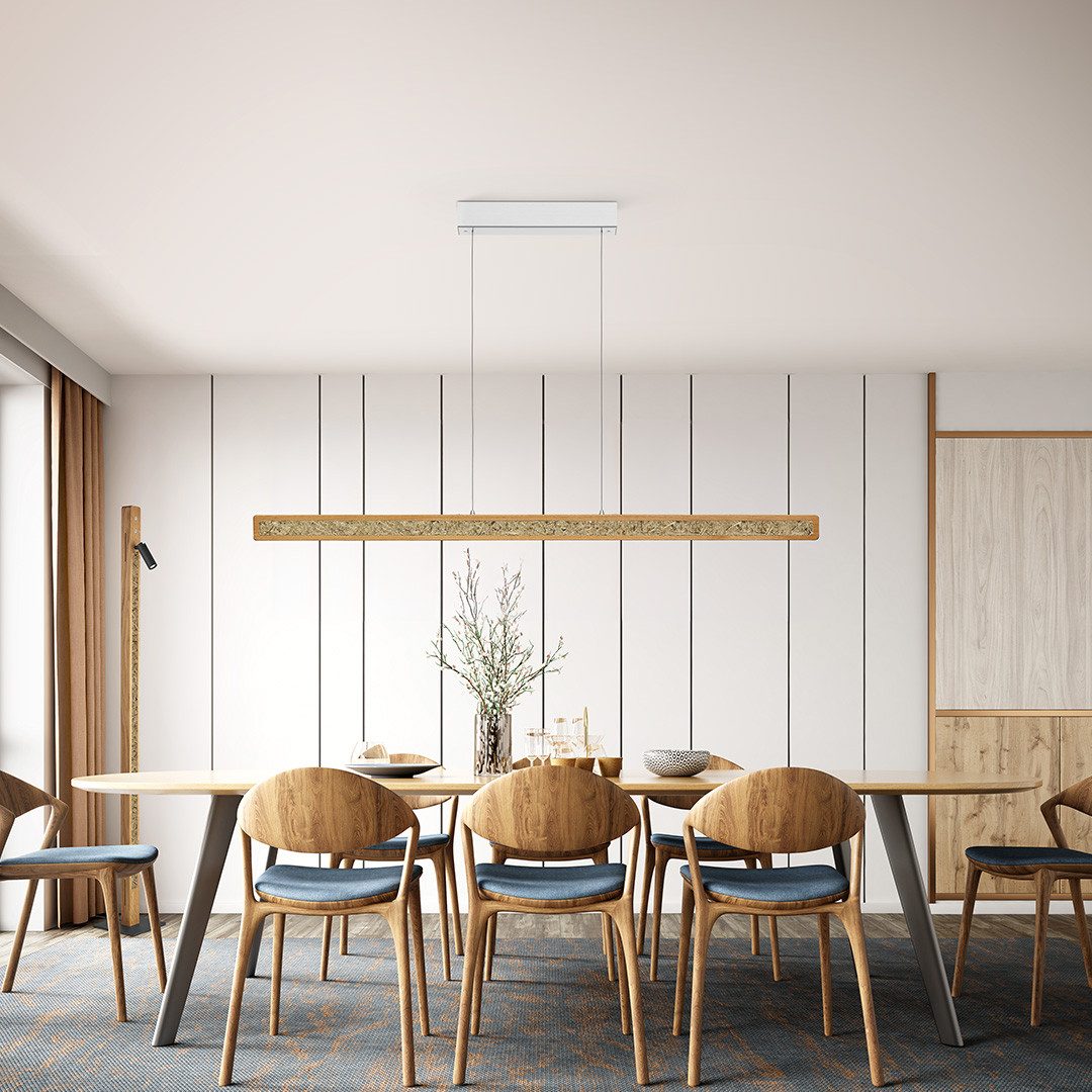 HerzBlut LED-Hängeleuchte Karl H Holz mit Alwiesenheuapplikation, Alu LED-Leiste Acryl satiniert