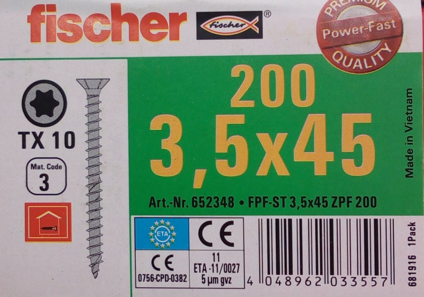 Thumbnail - Fischer Befestigungstechnik Spanplattenschraube 200x fischer Spanplattenschrauben 3,5x45 TX10 Holzschrauben verzinkt V, ...