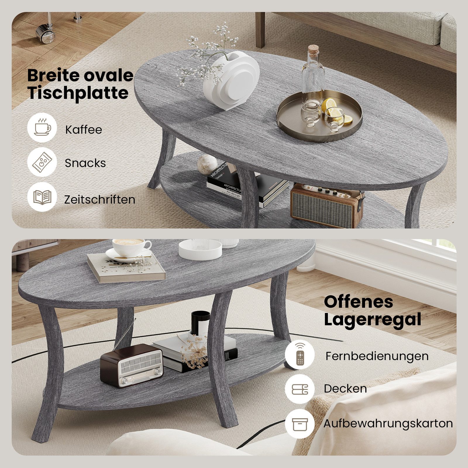 COSTWAY Couchtisch, ovaler Wohnzimmertisch mit Ablage, Holz