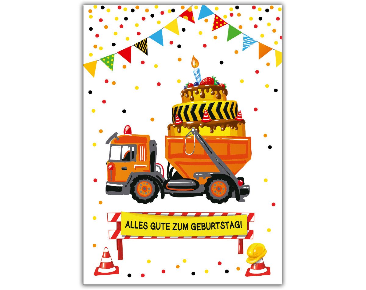 JUNAPACK Glückwunschkarte Geburtstagskarte Kinder Grusskarte für Geburtstag A4 Klappkarte XXL, Große A4 Geburtstagskarte Baustelle – Stabil, hochwertig, bunt
