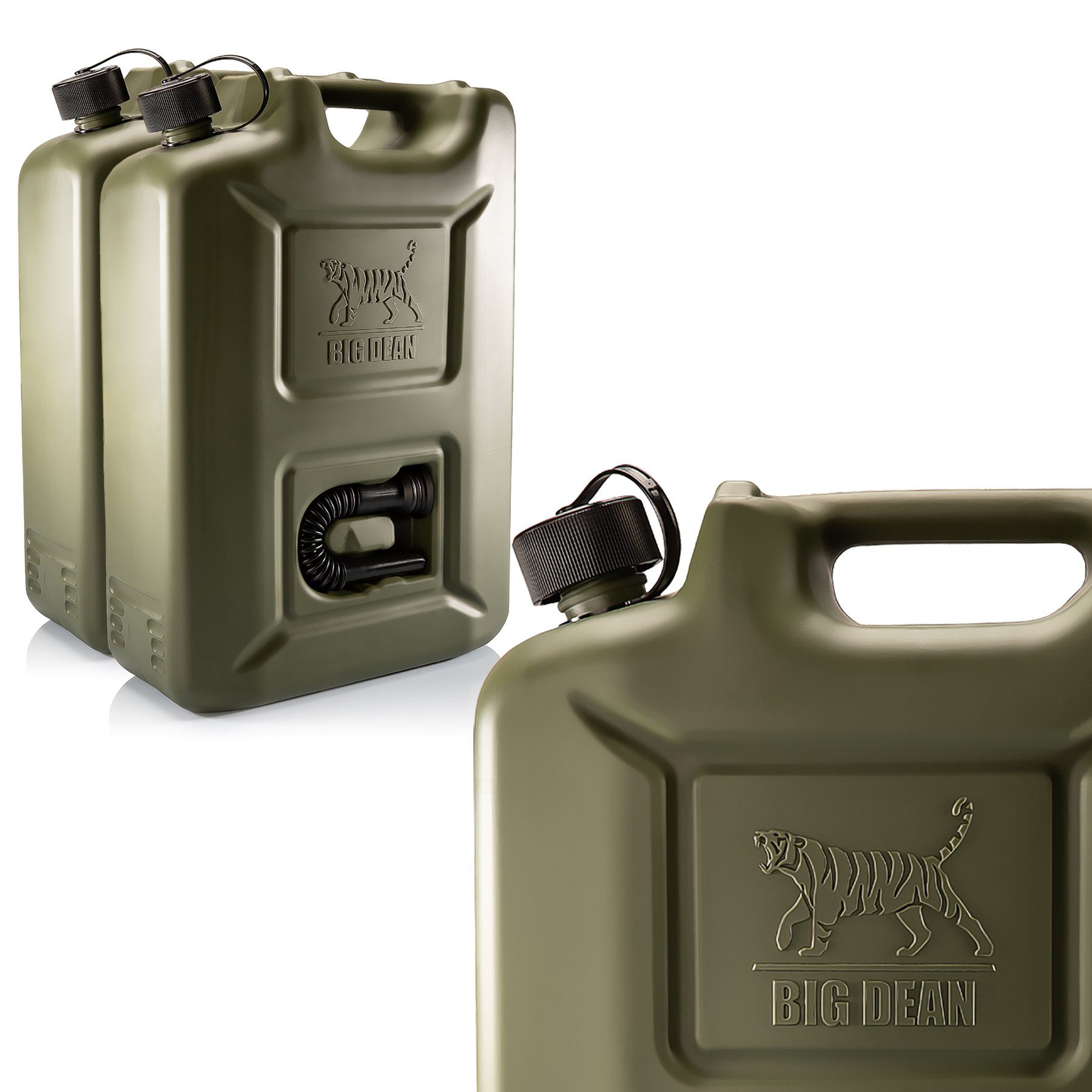 BigDean Benzinkanister 2 Stück Kraftstoffkanister 20L in Olivgrün mit flexiblem Ausgießer (Set, 2 St., Benzinkanister), Kraftstoffkanister, Benzin, Diesel, AdBlue, Öl