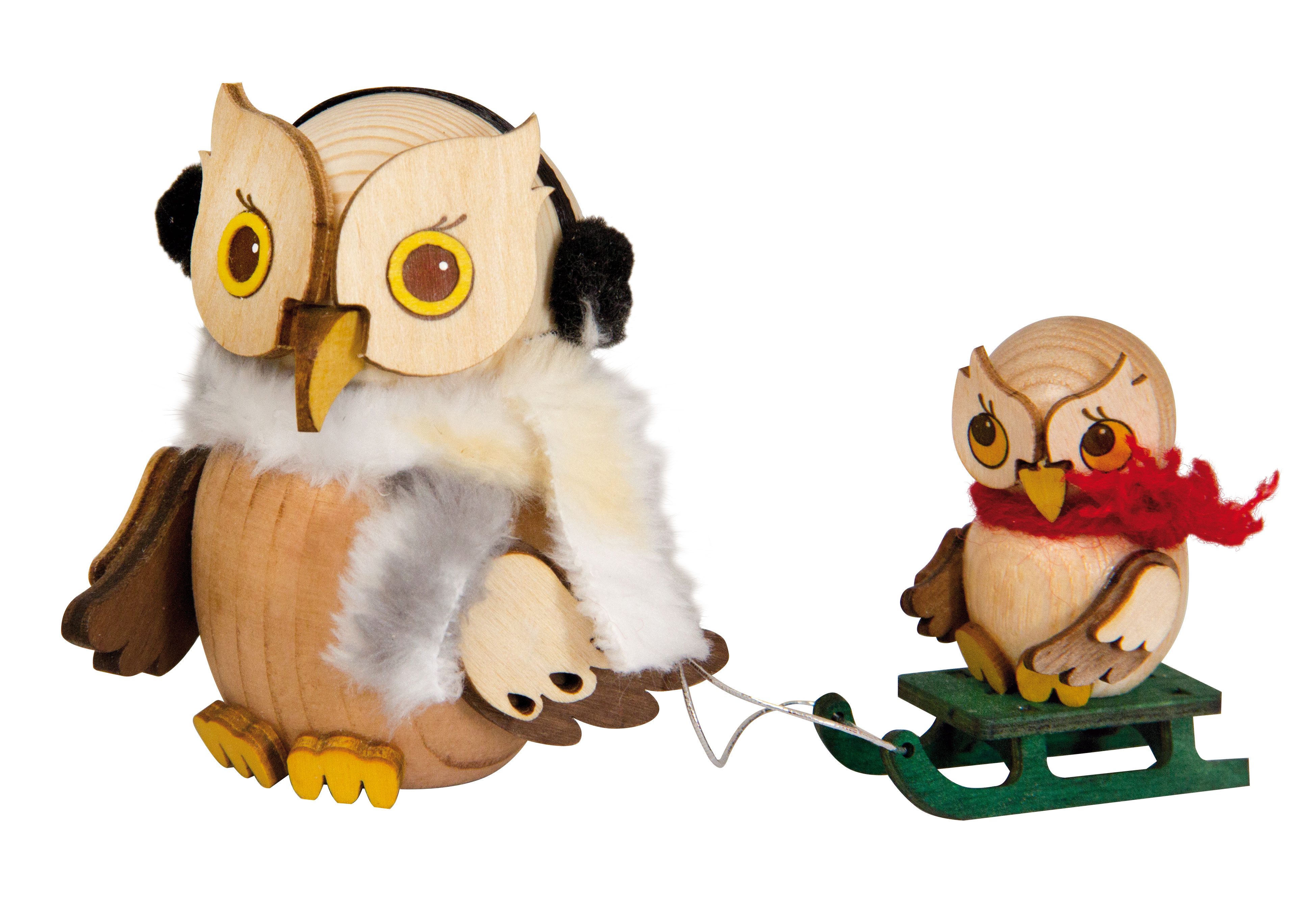 Kuhnert Dekofigur Mini-Eule Schlittenfahrt mit Kind - aus Holz gefertigt - ca. 7 cm, entzückende Dekoration für jeden Raum - Made in Germany