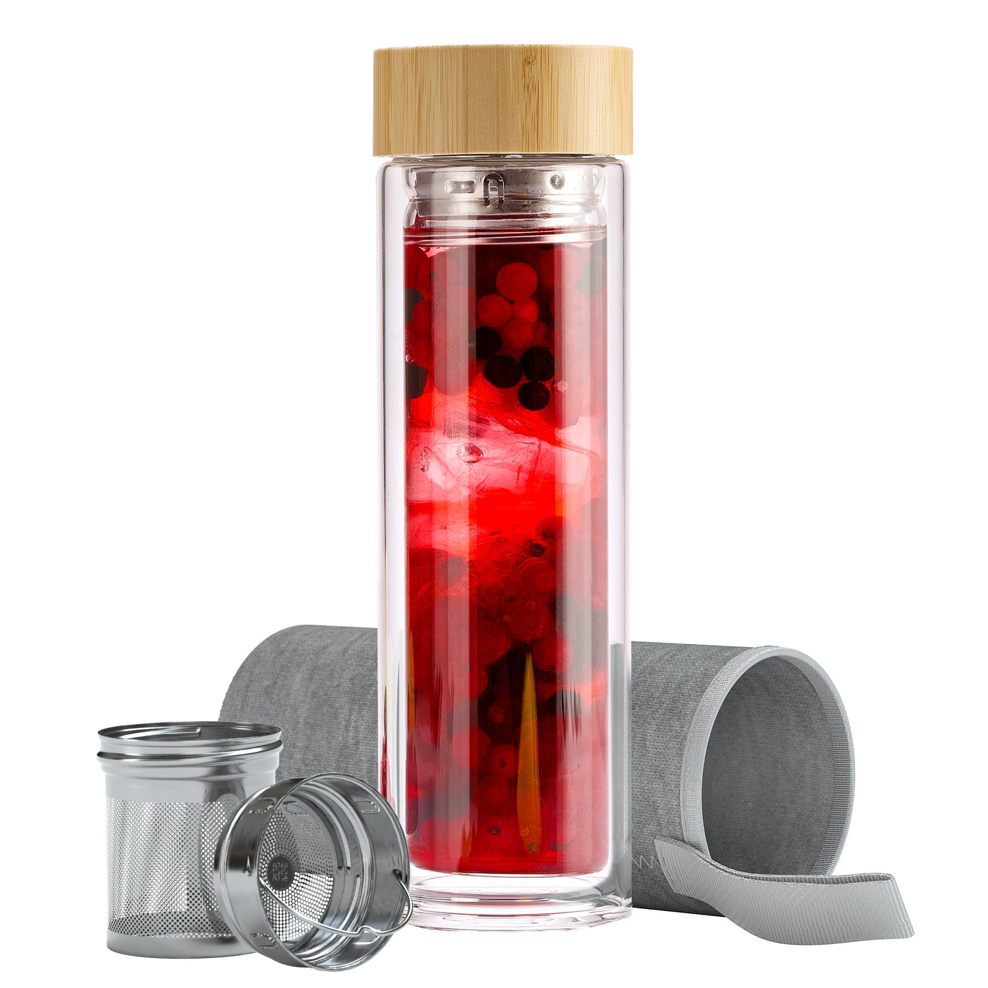 EAZY CASE Thermoflasche Thermo Trinkflasche mit Teesieb, Teeflasche Thermo Glasflasche To Go 500ml kälte hitzebeständig + Sieb